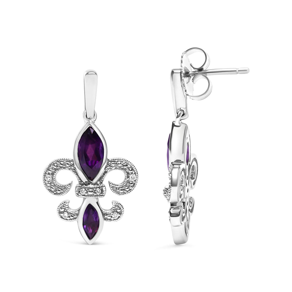 .925 Sterling Silver Marquise Cut Amethyst and Diamond Accent Fleur De Lis Dangle Stud Earrings (H-I Color, SI1-SI2 Clarity) - Friggin Jewelry