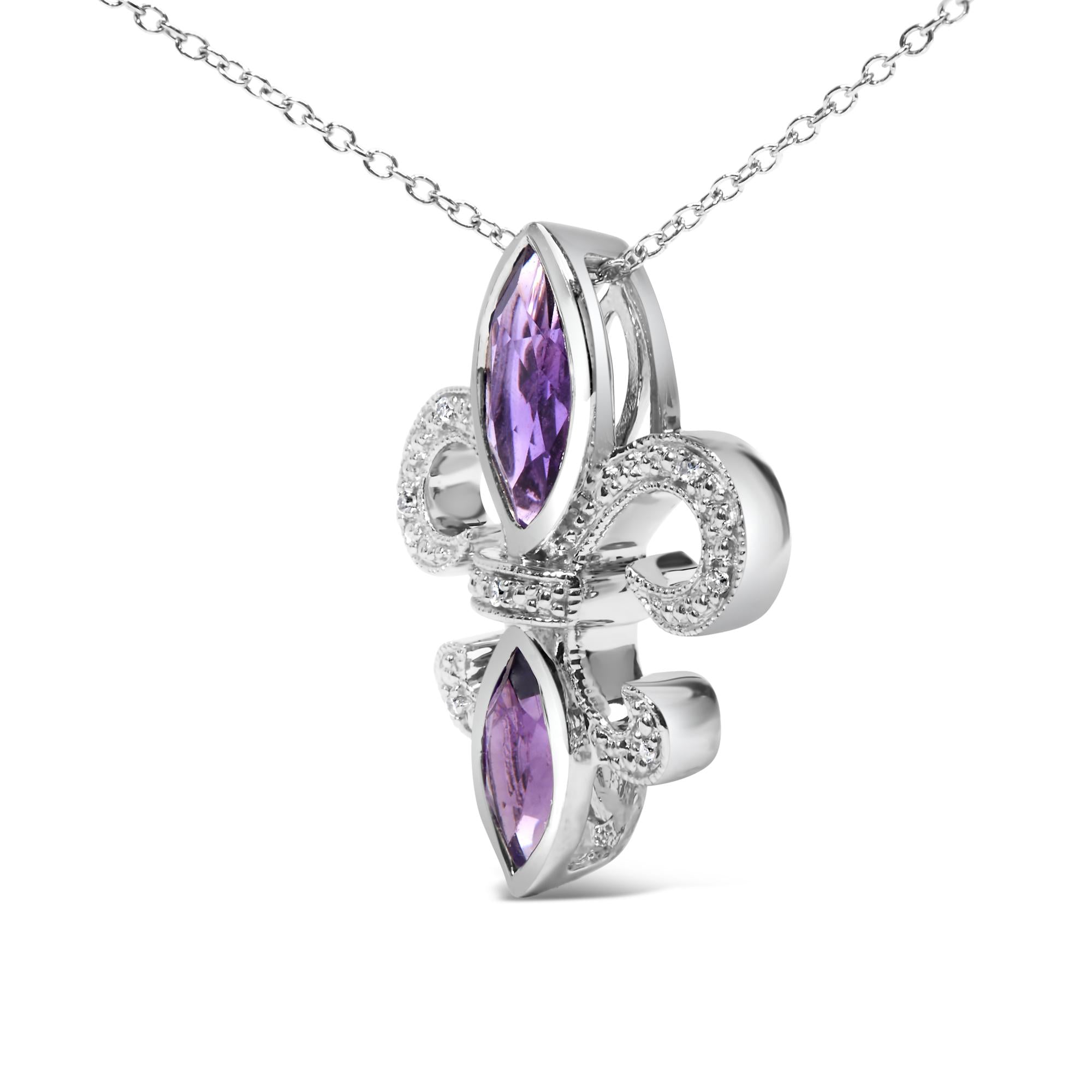 Collar con colgante de flor de lis con amatista morada, talla marquesa y detalles de diamantes en plata de ley 925 (color HI, claridad SI1-SI2) - Talla 45,7 cm - Friggin Jewelry