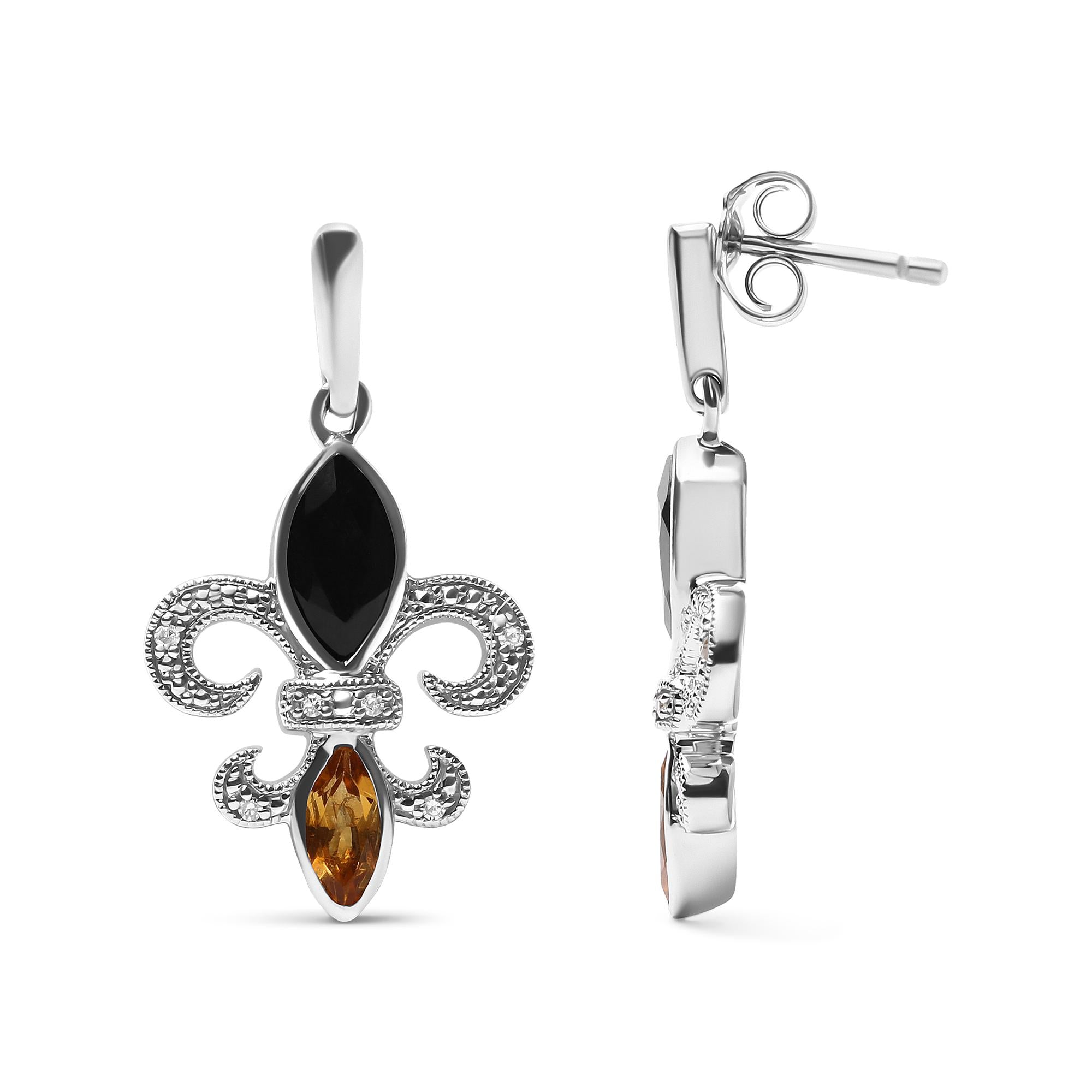 .925 Sterling Silver Marquise Cut Onyx and Citrine with Diamond Accent Fleur De Lis Drop Stud Earrings (H-I Color, SI1-SI2 Clarity) - Friggin Jewelry