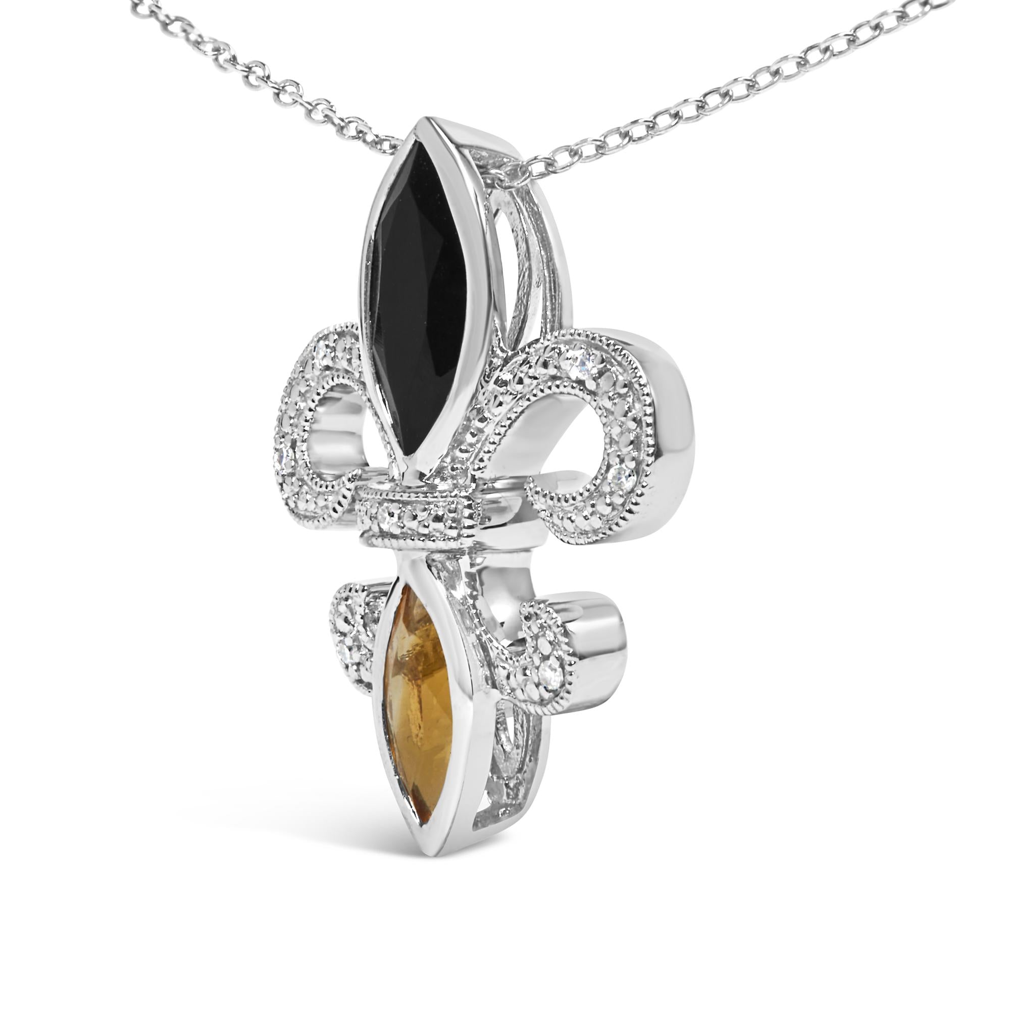 .925 Sterling Silver Marquise Onyx and Citrine and Diamond Accent Fleur De Lis Pendant Necklace (H-I Color, SI1-SI2 Clarity) - 18" - Friggin Jewelry