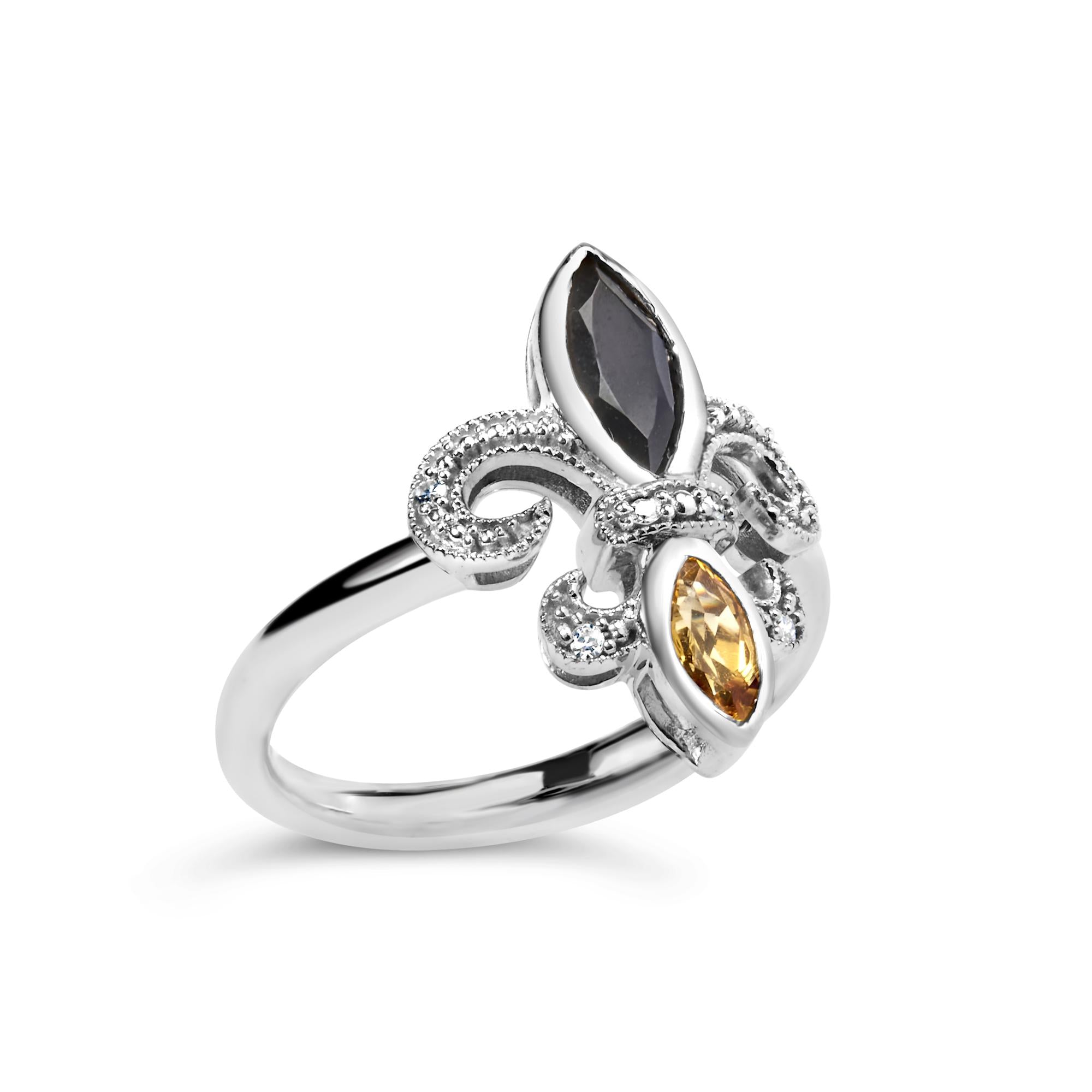 .925 Sterling Silver Black Onyx and Yellow Citrine Marquise and Diamond Accent Fleur De Lis Ring (H-I Color, SI1-SI2 Clarity) - Friggin Jewelry