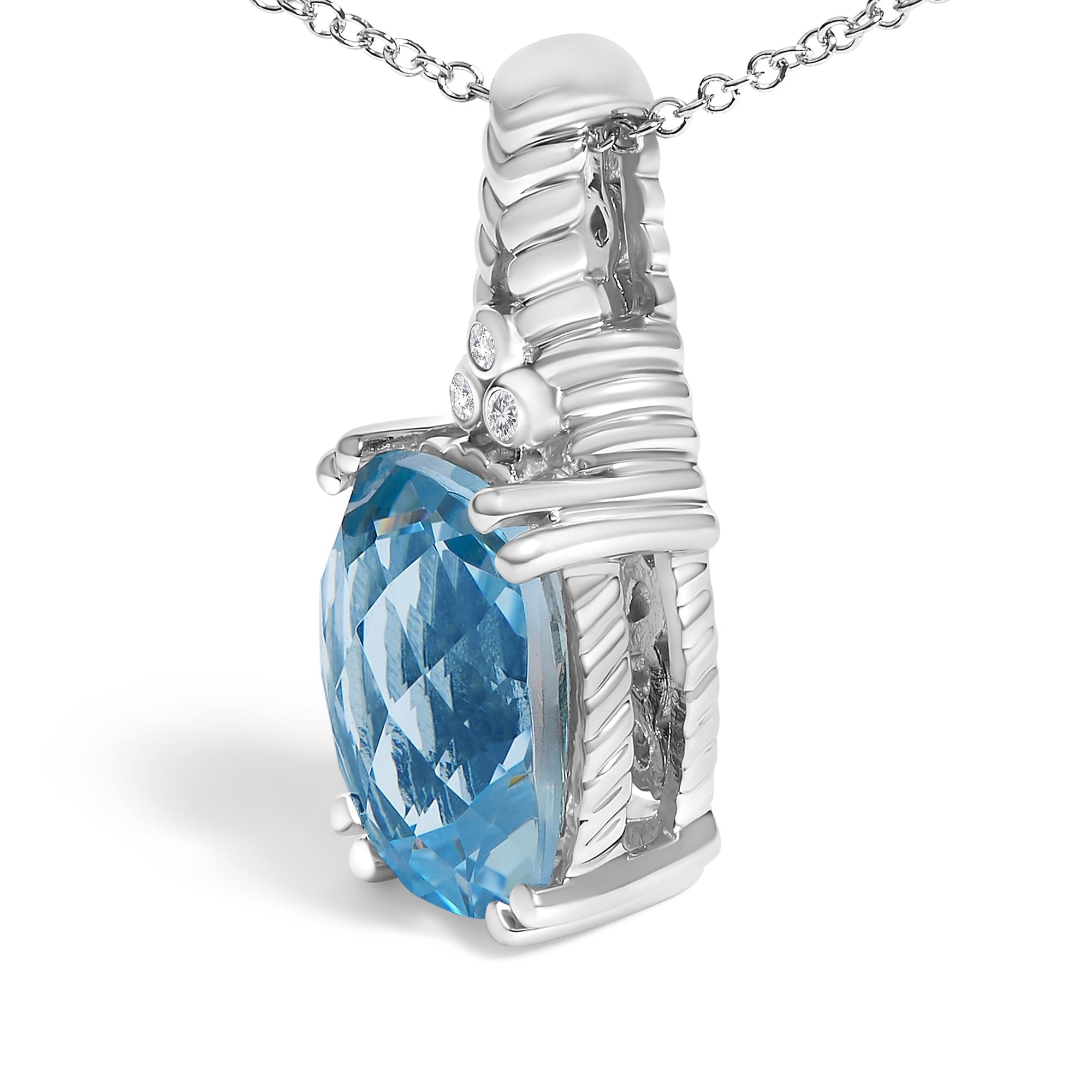 .925 Sterling Silver Blue Topaz and Diamond Accent Textured Pendant Necklace - 18" Inches - Friggin Jewelry