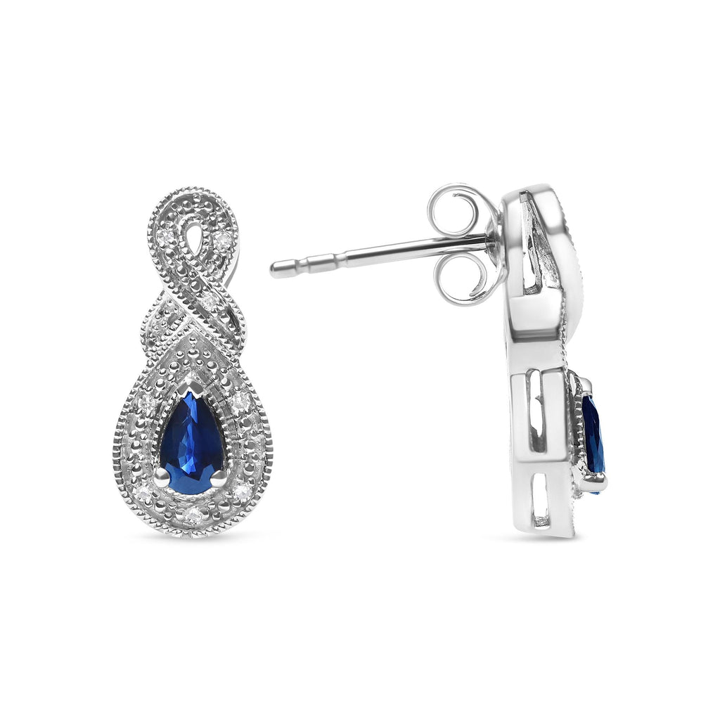 Pendientes de botón con forma de infinito en plata de ley 925 de 4,5 x 3 mm con zafiro en forma de pera y detalles de diamantes (color HI, claridad SI1-SI2) - Friggin Jewelry