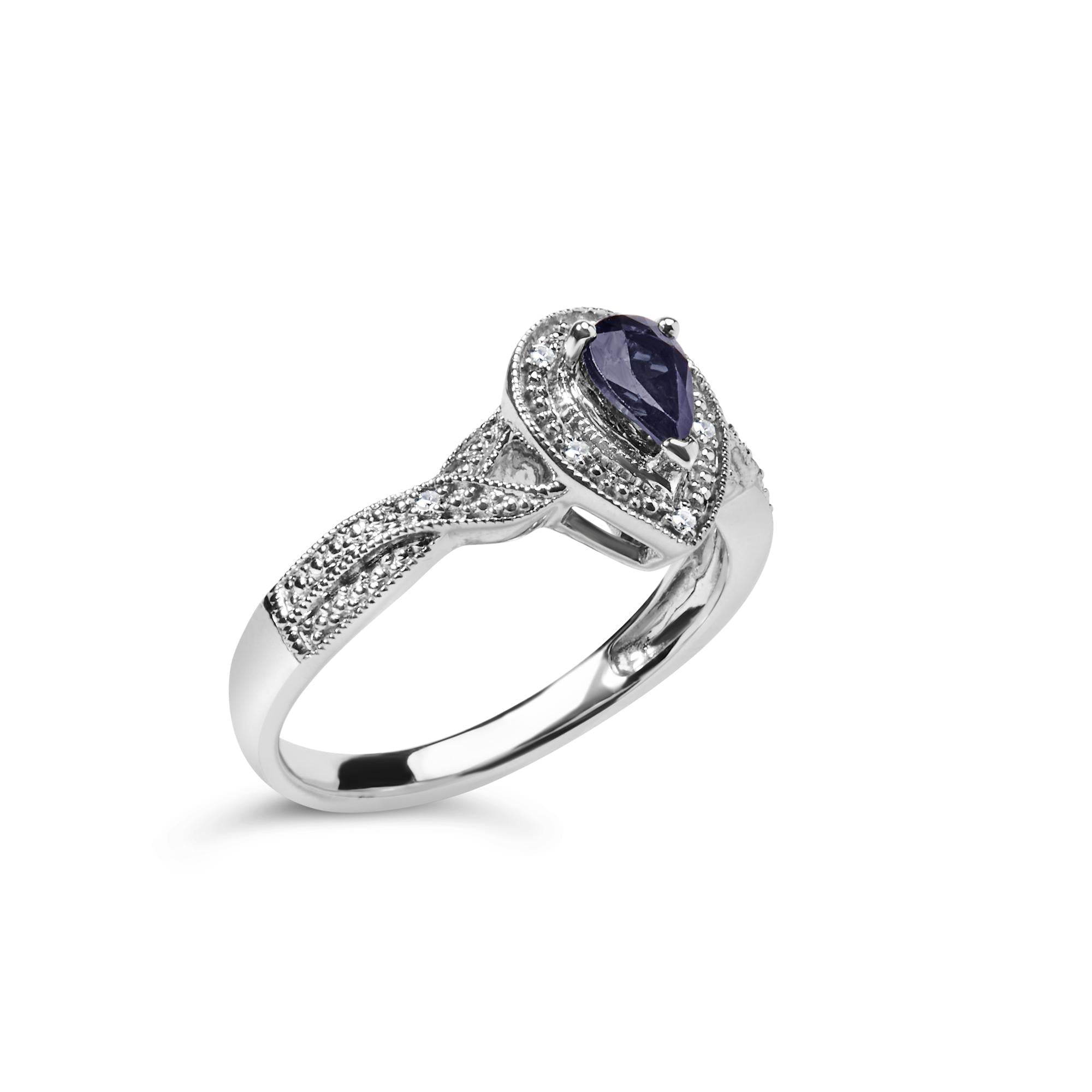 Anillo de moda con halo de zafiro pera de 6 x 4 mm y detalles de diamantes en plata de ley 925 (color HI, claridad SI1-SI2) - Friggin Jewelry