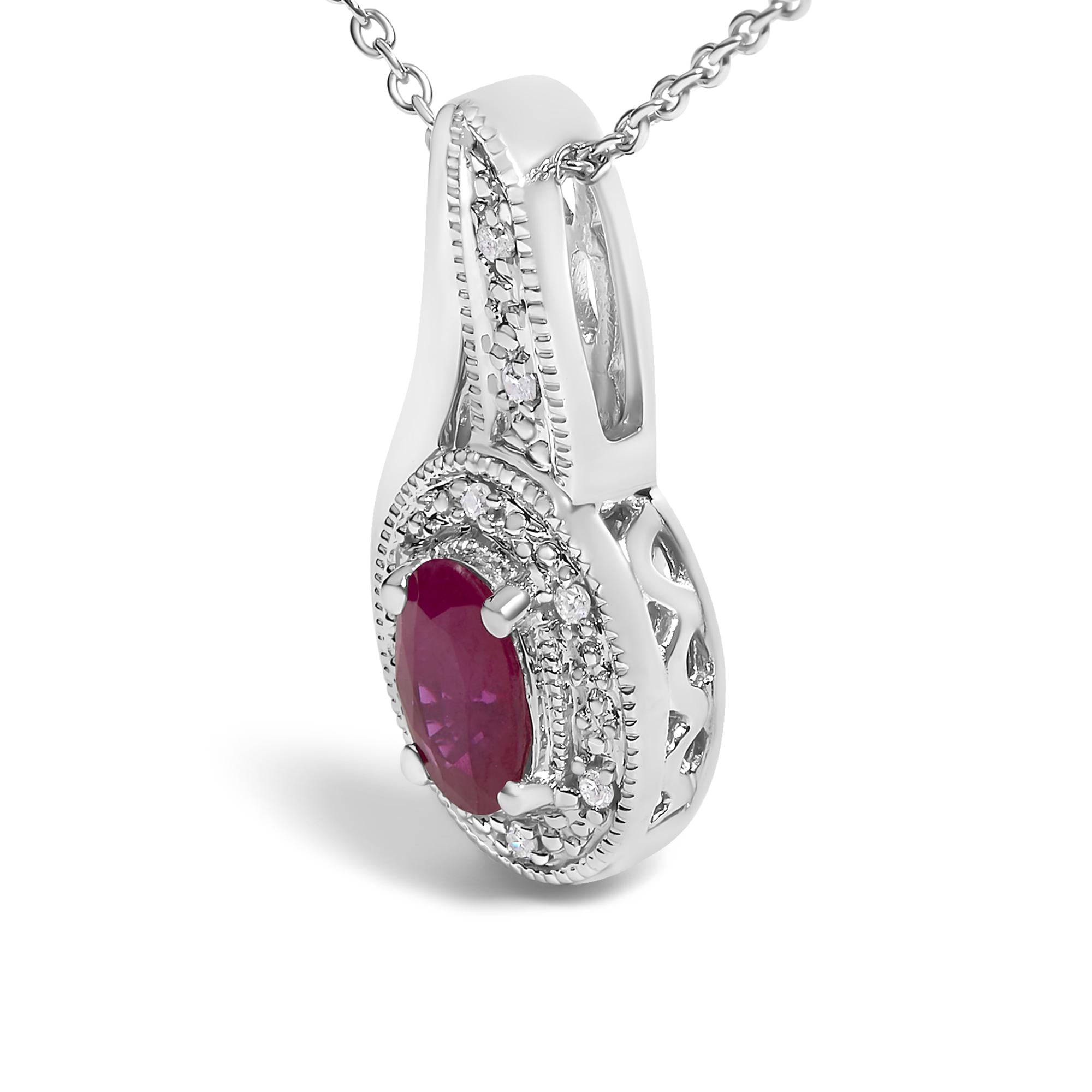 .925 Sterling Silver Red Ruby and Diamond Accent Milgrain Swirl Pendant Necklace - 18" Inches - Friggin Jewelry