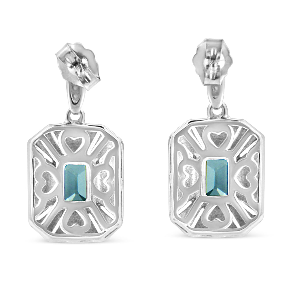 .925 Sterling Silver 7x5MM Emerald Shape Blue Topaz and Diamond Accent Art Deco Halo Style Drop and Dangle Earrings (I-J Color, I1-I2 Clarity) - Friggin Jewelry