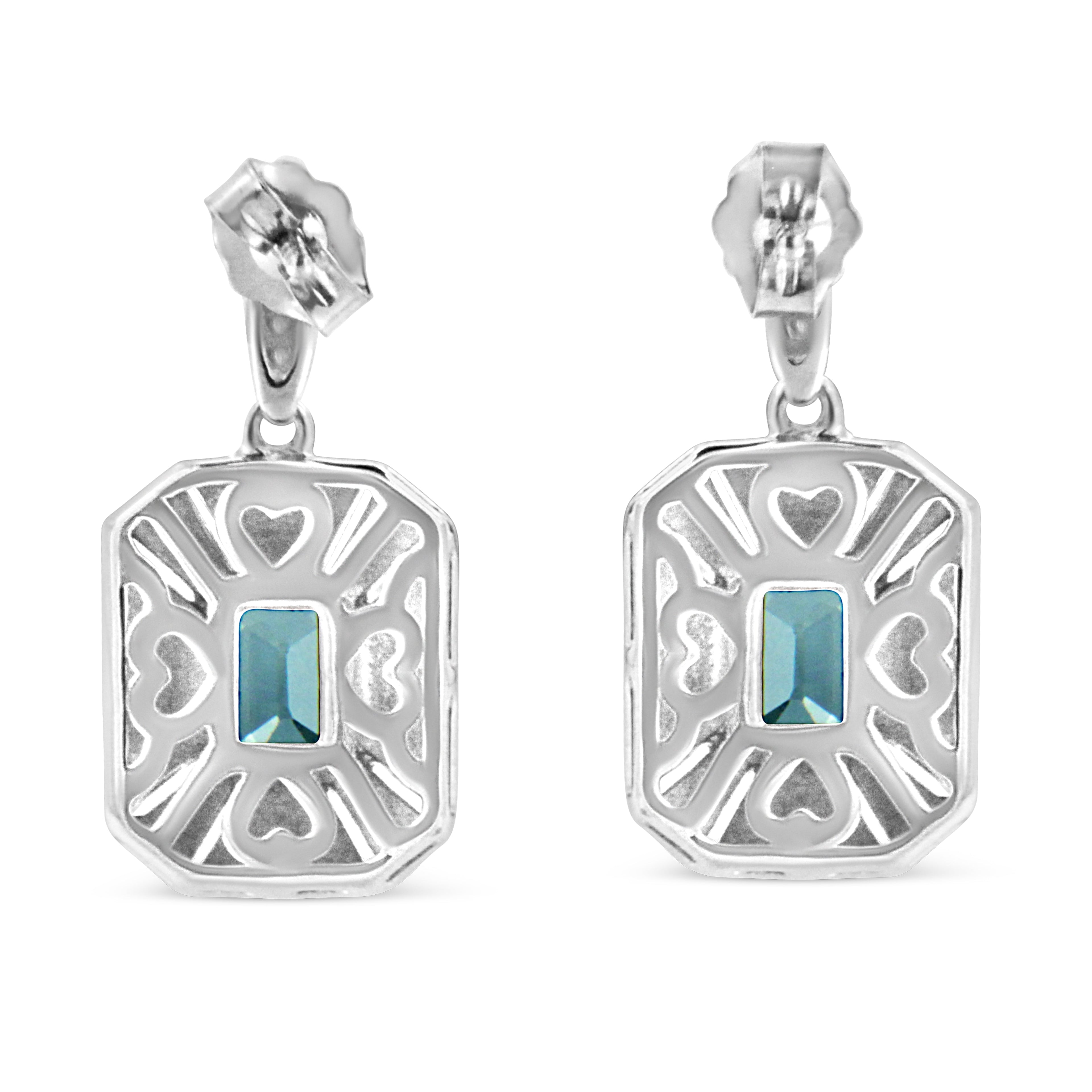 .925 Sterling Silver 7x5MM Emerald Shape Blue Topaz and Diamond Accent Art Deco Halo Style Drop and Dangle Earrings (I-J Color, I1-I2 Clarity) - Friggin Jewelry