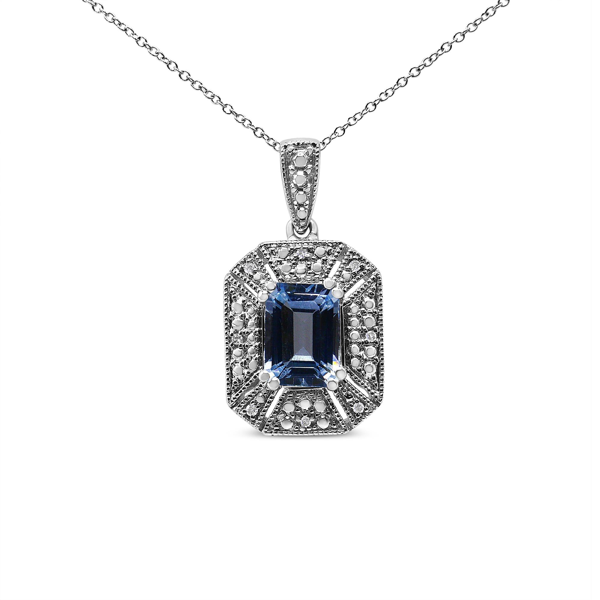 Collar con colgante Art Déco de 45 cm en plata de ley 925 con topacio azul y detalles de diamantes (color IJ, claridad I1-I2) - Friggin Jewelry