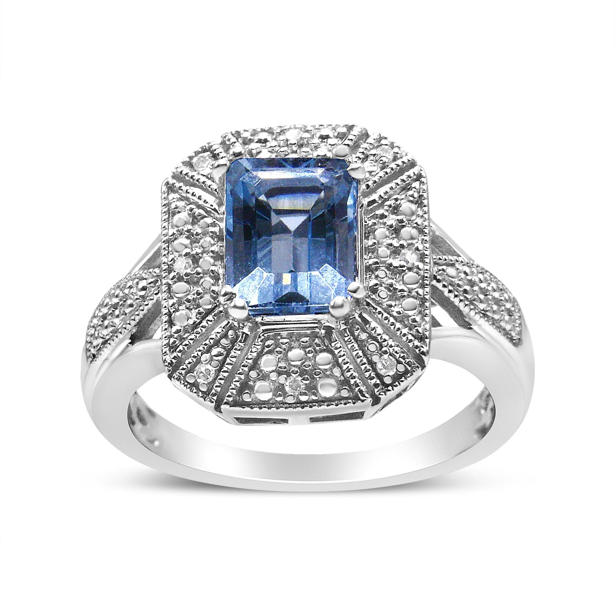 .925 Sterling Silver Diamond Accent and 8X6 mm Emerald-Shape Blue Topaz Ring (I-J Color, I2-I3 Clarity) - Friggin Jewelry