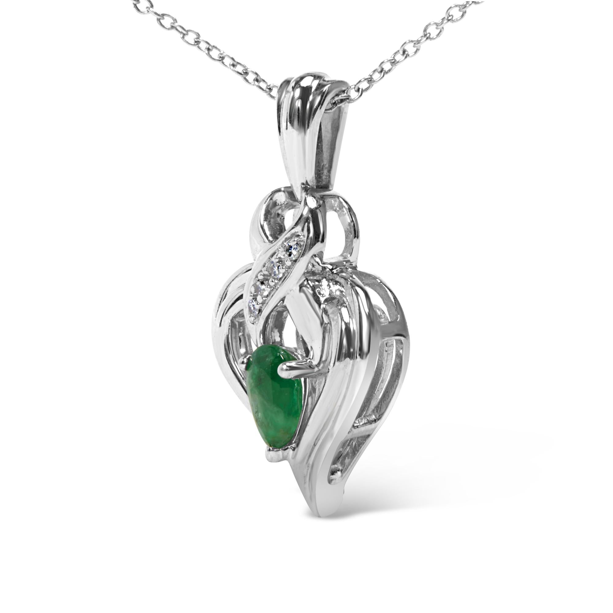 .925 Sterling Silver 6x4mm Pear Emerald and Diamond Accent Heart Pendant Necklace (H-I Color, SI1-SI2 Clarity) - 18 Inches - Friggin Jewelry