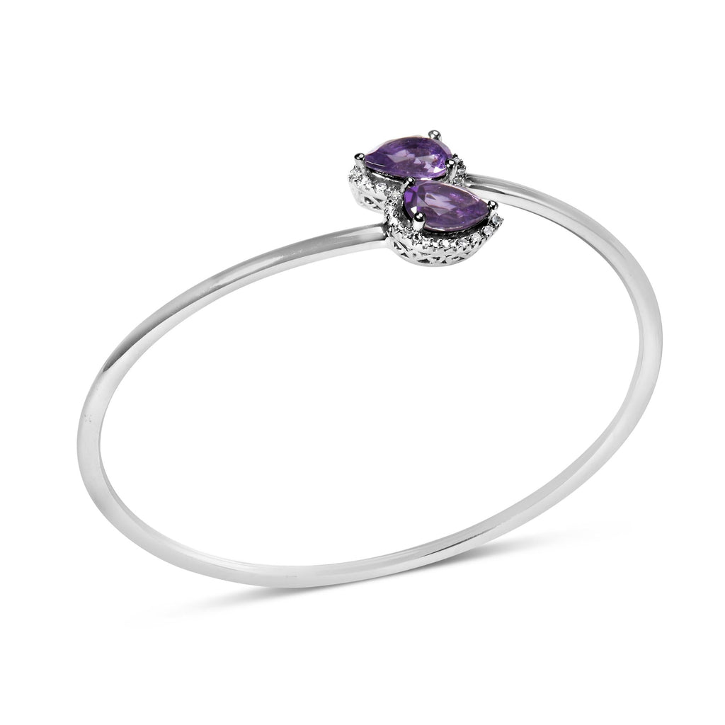 .925 Sterling Silver 8 x 5.5mm Pear Shape Amethyst  and Diamond Accent Halo Bypass Bangle Bracelet (H-I Color, SI1-SI2 Clarity)  - Fits up to 7" Inches - Friggin Jewelry