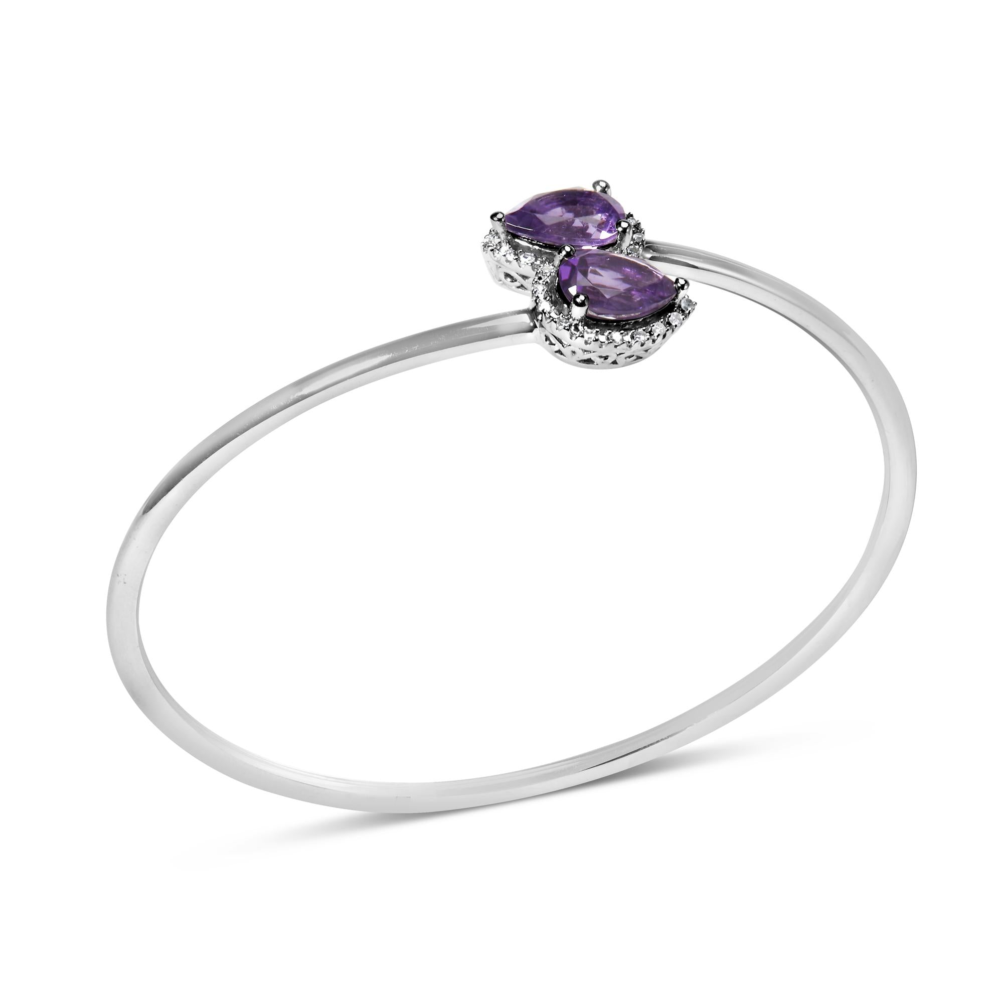 .925 Sterling Silver 8 x 5.5mm Pear Shape Amethyst  and Diamond Accent Halo Bypass Bangle Bracelet (H-I Color, SI1-SI2 Clarity)  - Fits up to 7" Inches - Friggin Jewelry