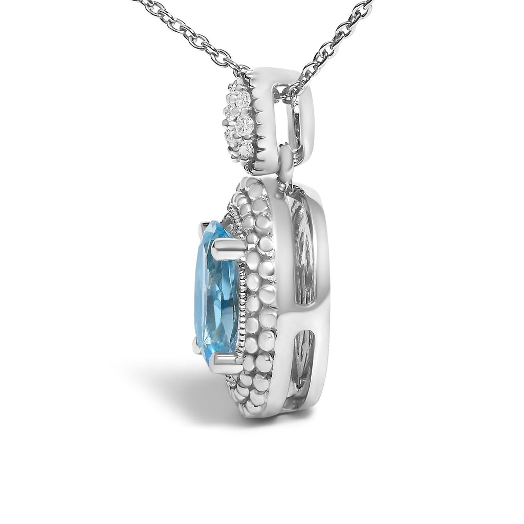 Collana con ciondolo a forma di alone di perline in argento sterling 925 con topazio blu ovale e diamanti - 18" pollici - Friggin Jewelry