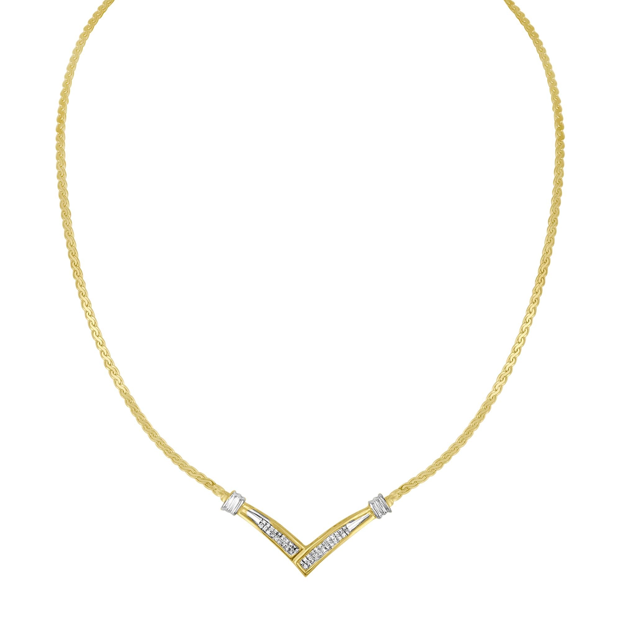 10K Yellow and White Gold 1/2 Cttw Princess Cut Diamond Channel-Set “V” Shape 18" Franco Chain Necklace (H-I Color, SI2-I1 Clarity) - Friggin Jewelry Premium