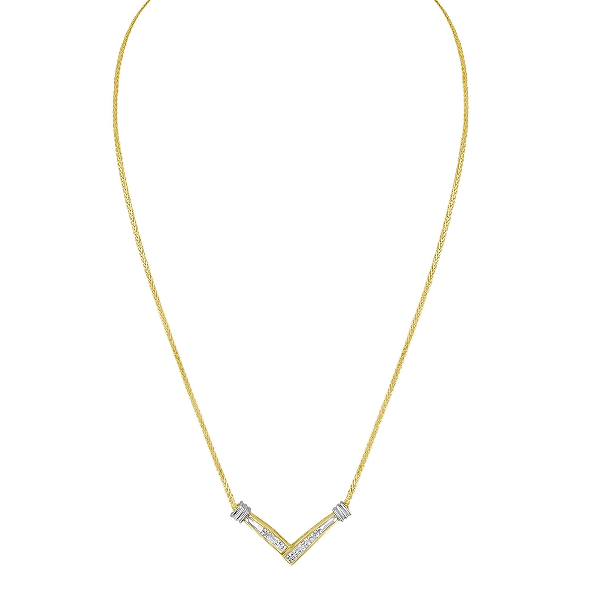 14K Yellow and White Gold 1/4 Cttw Princess Cut Diamond Channel-Set “V” Shape 18" Pendant Necklace (H-I Color, SI2-I1 Clarity) - Friggin Jewelry Premium