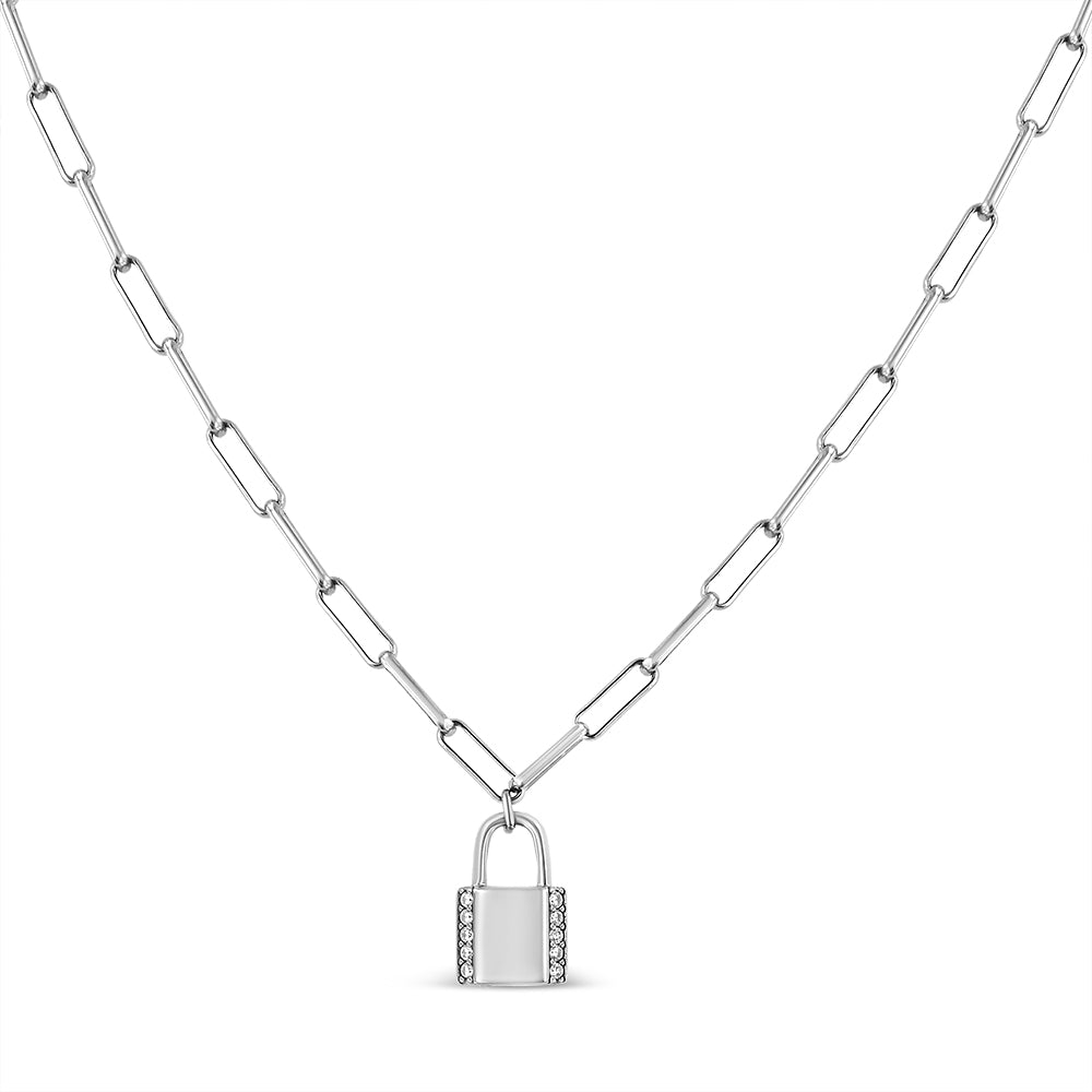 .925 Sterling Silver 1/10 Cttw Round Diamond Lock Pendant Paperclip Chin Necklace (H-I Color, SI1-SI2 Clarity) - Friggin Jewelry