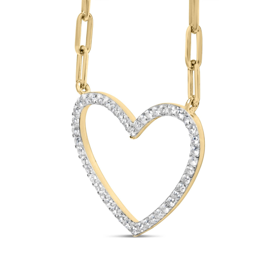 14K Yellow Gold Plated .925 Sterling Silver 1/4 Cttw Diamond Open Heart with Paperclip Chain Pendant Necklace (I-J Color, I2-I3 Clarity) - 18" Inches - Friggin Jewelry