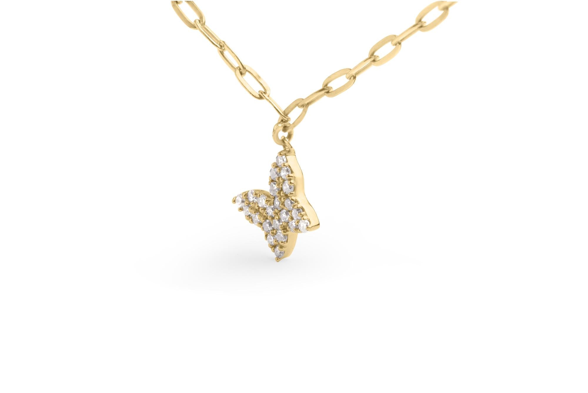 14KT Yellow Gold 1/2 Cttw Diamond Butterfly Station Paperclip Station Necklace (I-J Color, I1-I2 Clarity) - Adjustable 15"-17" Inches - Friggin Jewelry