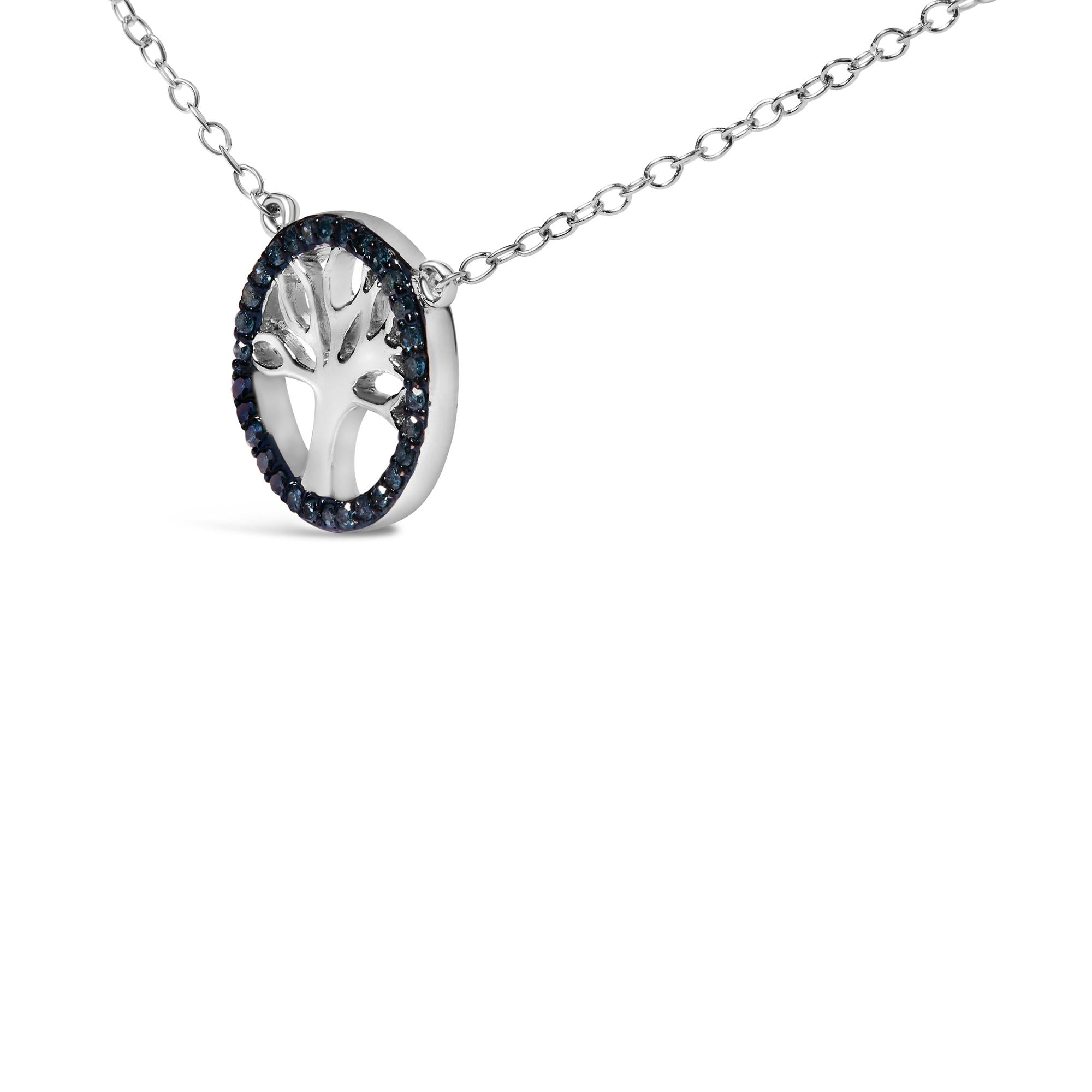 .925 Sterling Silver 1/6 Cttw Blue Diamond Tree of Life and Circle 18" Pendant Necklace (Blue Color, SI1-SI2 Clarity) - Friggin Jewelry