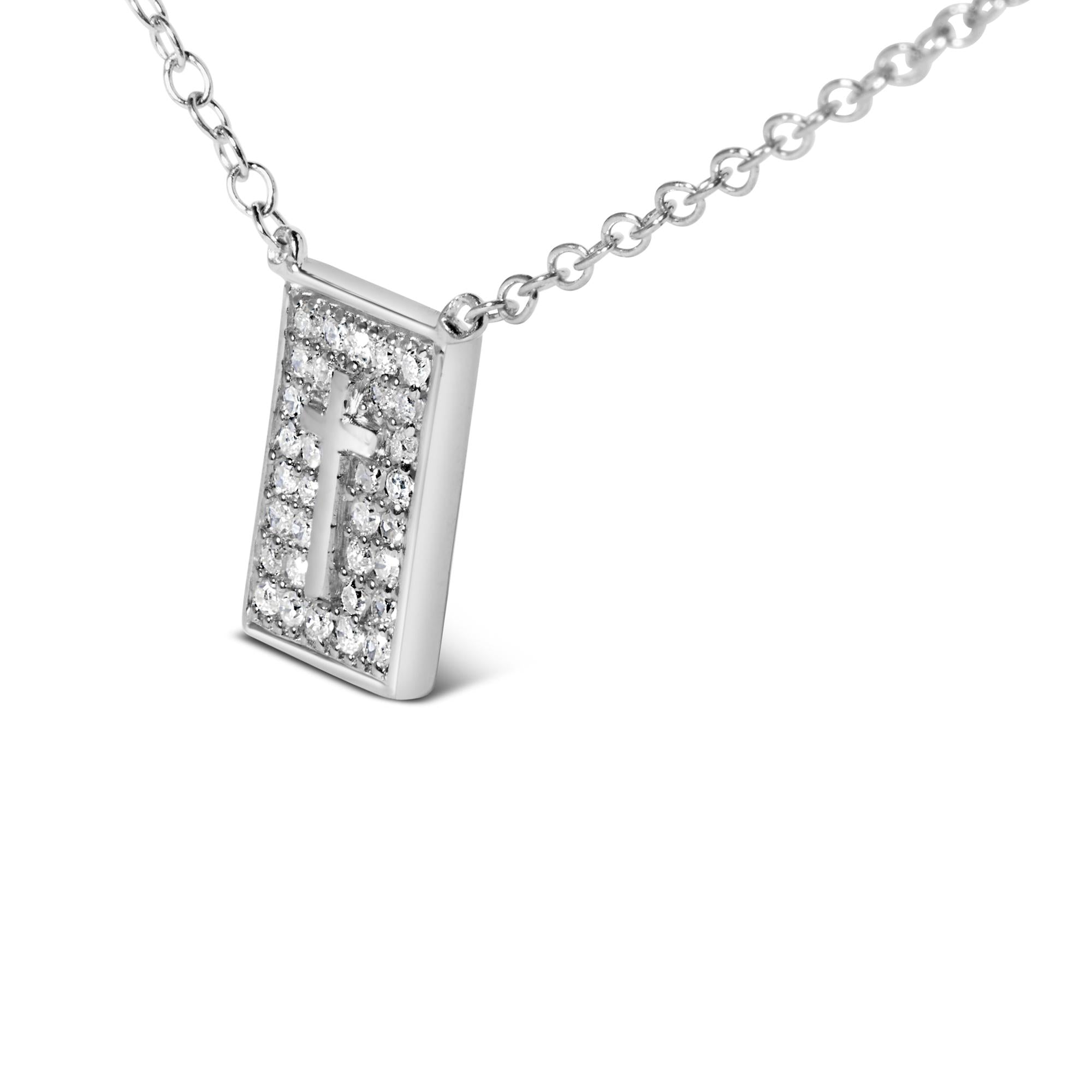 .925 Sterling Silver 1/10 Ctw Diamond Inlaid Cross Dog Tag Pendant Necklace (H-I Color, I1-I2 Clarity) - 18" - Friggin Jewelry