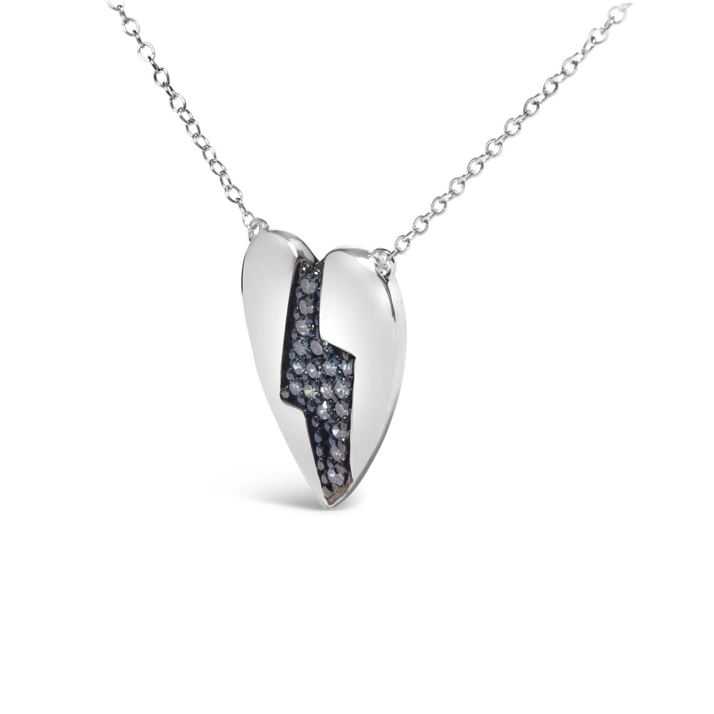 Collana con ciondolo a forma di cuore e fulmine in argento sterling 925 da 1/3 carati con diamanti blu (colore blu, purezza SI1-SI2) - 18 pollici - Friggin Jewelry