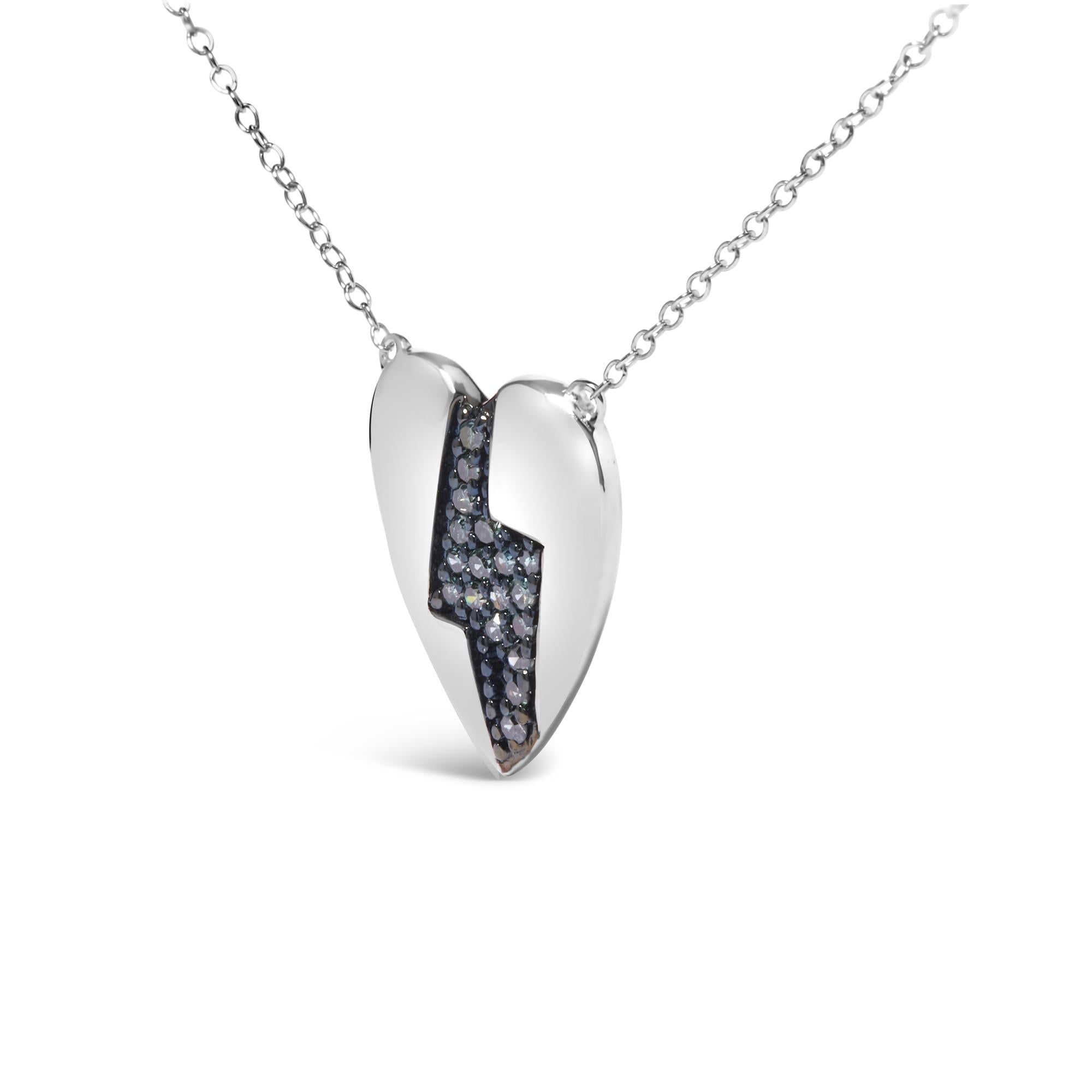 925 Sterling Silver 1/3 Ctw Blue Diamond Heart and Lightning Bolt Pendant Necklace (Blue Color, SI1-SI2 Clarity) -  18" Inches - Friggin Jewelry