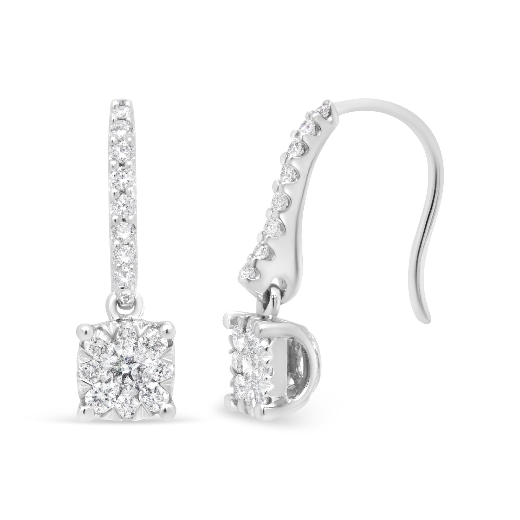 14K White 1/2 Cttw Round Diamond Halo Dangle Hook Earring - (H-I Color, SI2-I1 Clarity) - Friggin Jewelry