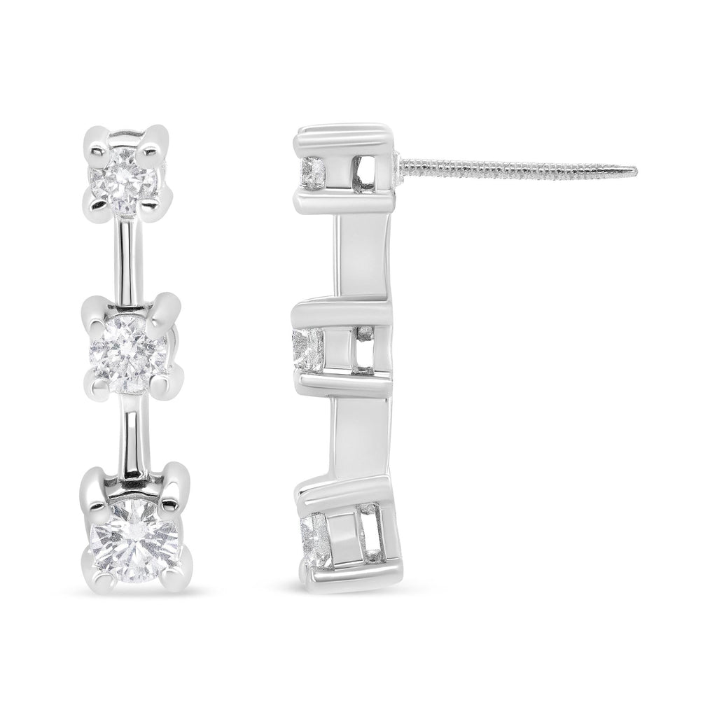14K Gold Round Diamond 3 Stone Graduated Linear Drop Past, Present and Future Stud Earrings (H-I Color, SI1-SI2 Clarity) - Friggin Jewelry
