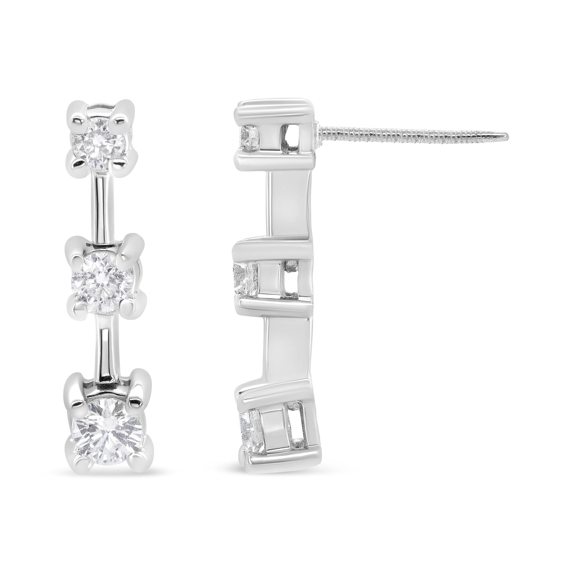 14K Gold Round Diamond 3 Stone Graduated Linear Drop Past, Present and Future Stud Earrings (H-I Color, SI1-SI2 Clarity) - Friggin Jewelry