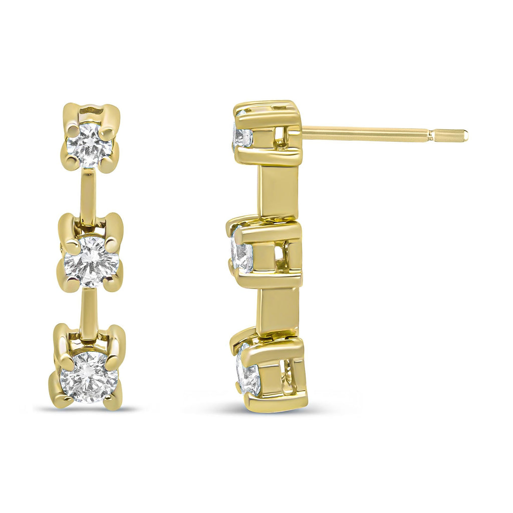 14K Gold Round Diamond 3 Stone Graduated Linear Drop Past, Present and Future Stud Earrings (H-I Color, SI1-SI2 Clarity) - Friggin Jewelry