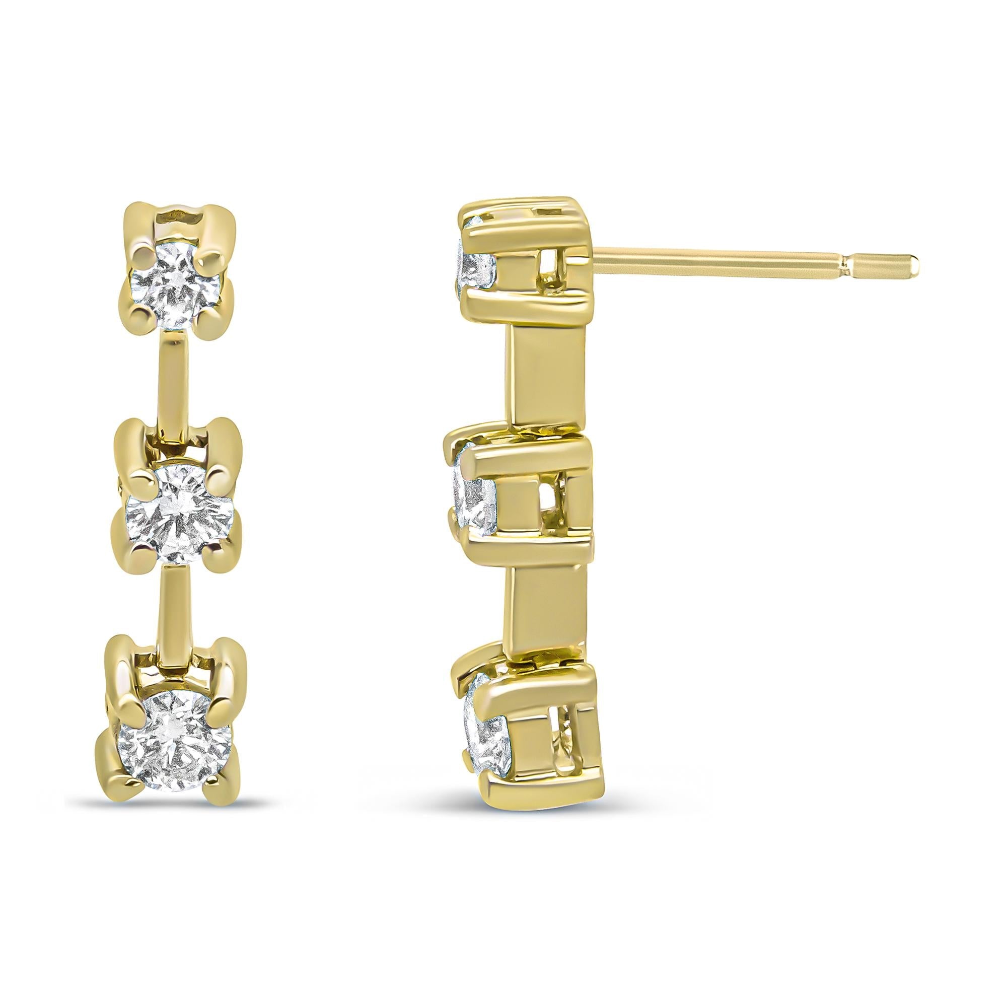 14K Gold Round Diamond 3 Stone Graduated Linear Drop Past, Present and Future Stud Earrings (H-I Color, SI1-SI2 Clarity) - Friggin Jewelry