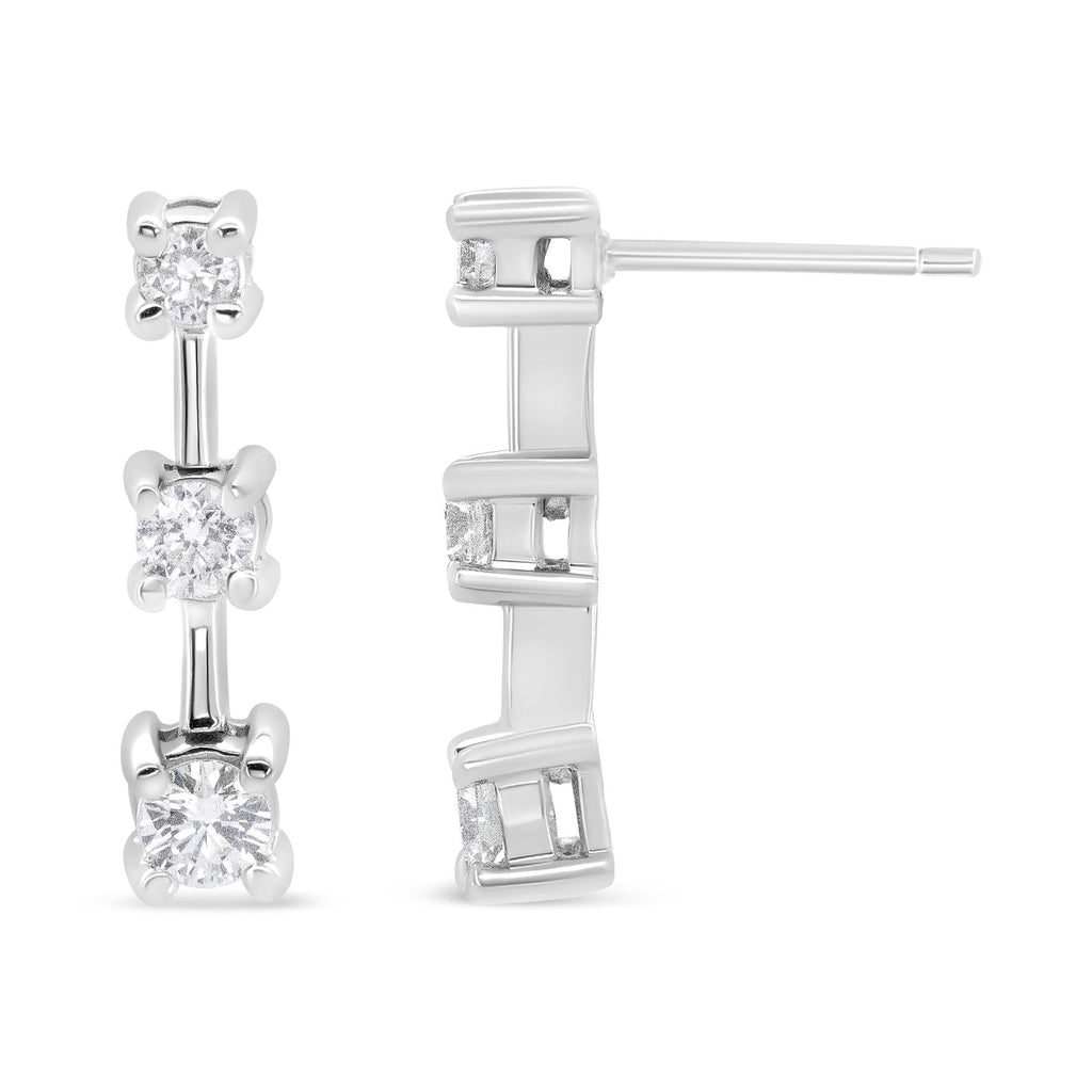14K Gold Round Diamond 3 Stone Graduated Linear Drop Past, Present and Future Stud Earrings (H-I Color, SI1-SI2 Clarity) - Friggin Jewelry