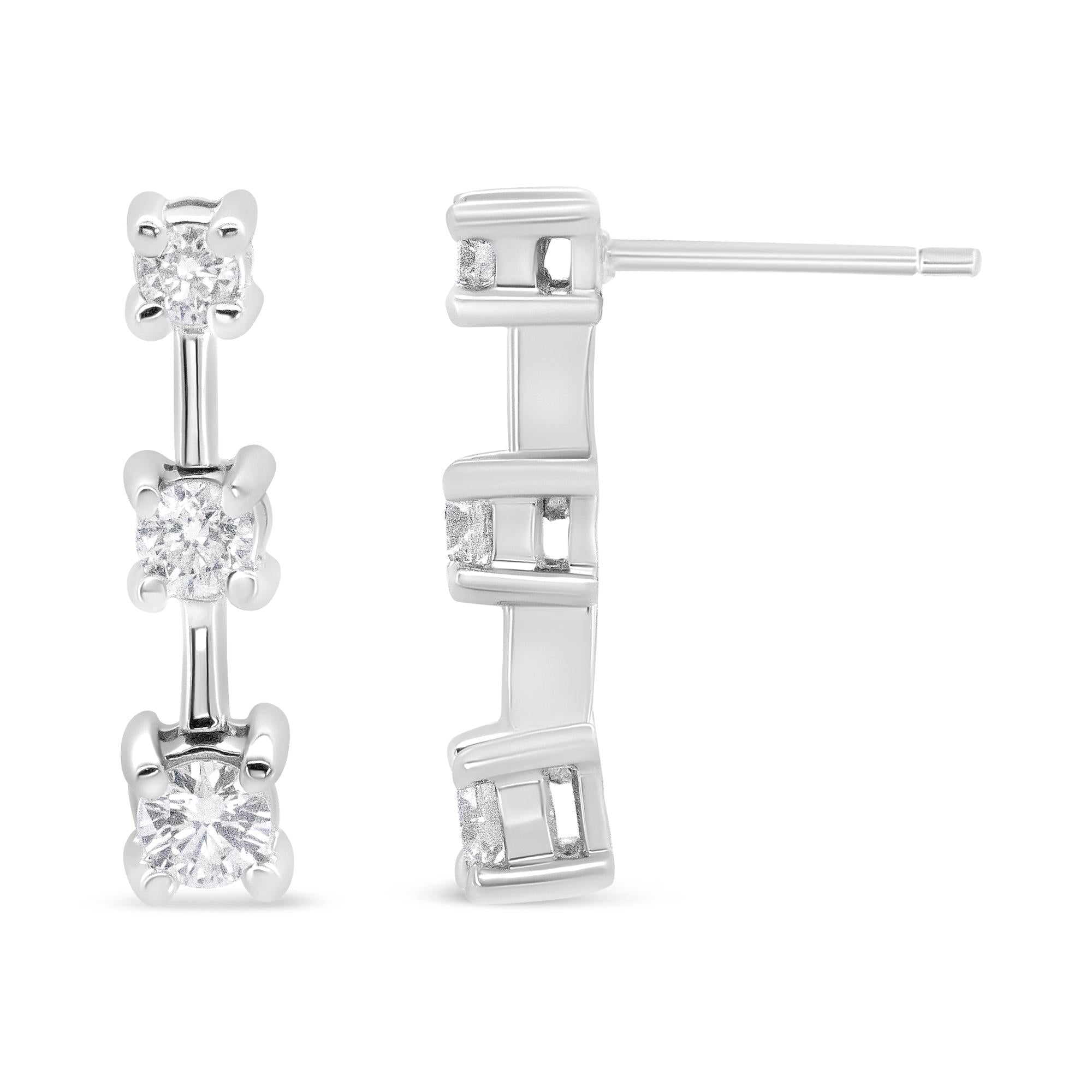 14K Gold Round Diamond 3 Stone Graduated Linear Drop Past, Present and Future Stud Earrings (H-I Color, SI1-SI2 Clarity) - Friggin Jewelry