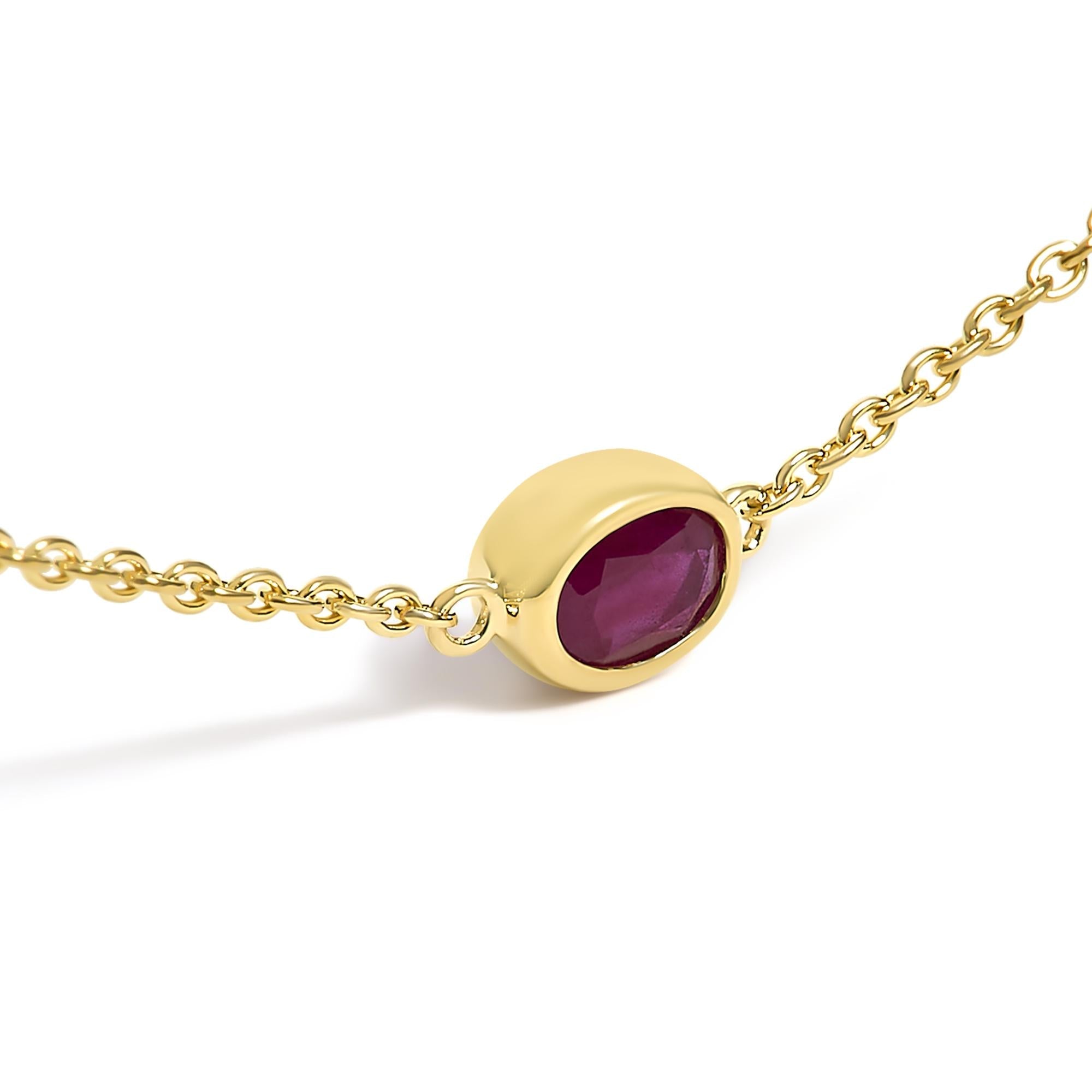 14K Yellow Gold Bezel Set 4x3 mm Oval Red Ruby Station Necklace - 18 Inches - Friggin Jewelry Premium