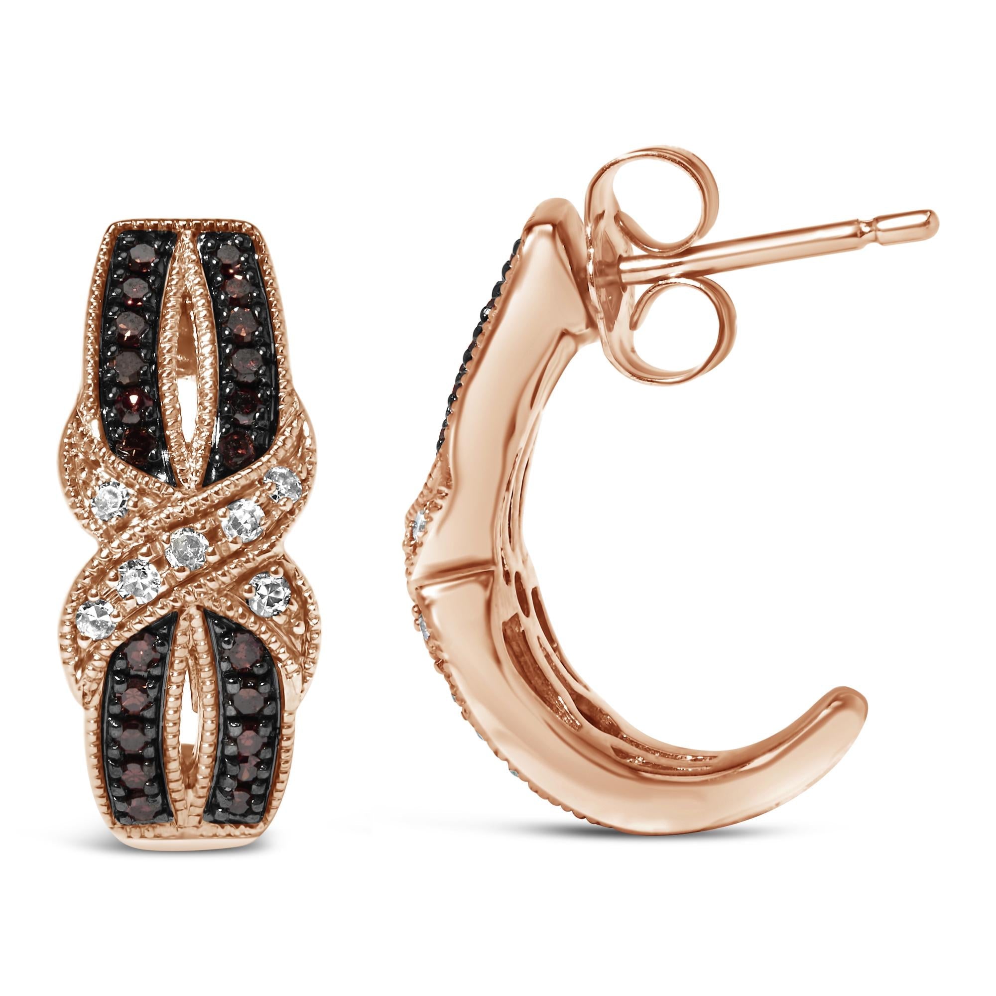 Orecchini a cerchio incrociati a J in oro rosa 10 carati con diamanti bianchi e marroni da 1/3 carati (colore IJ, purezza I1-I2) - Friggin Jewelry