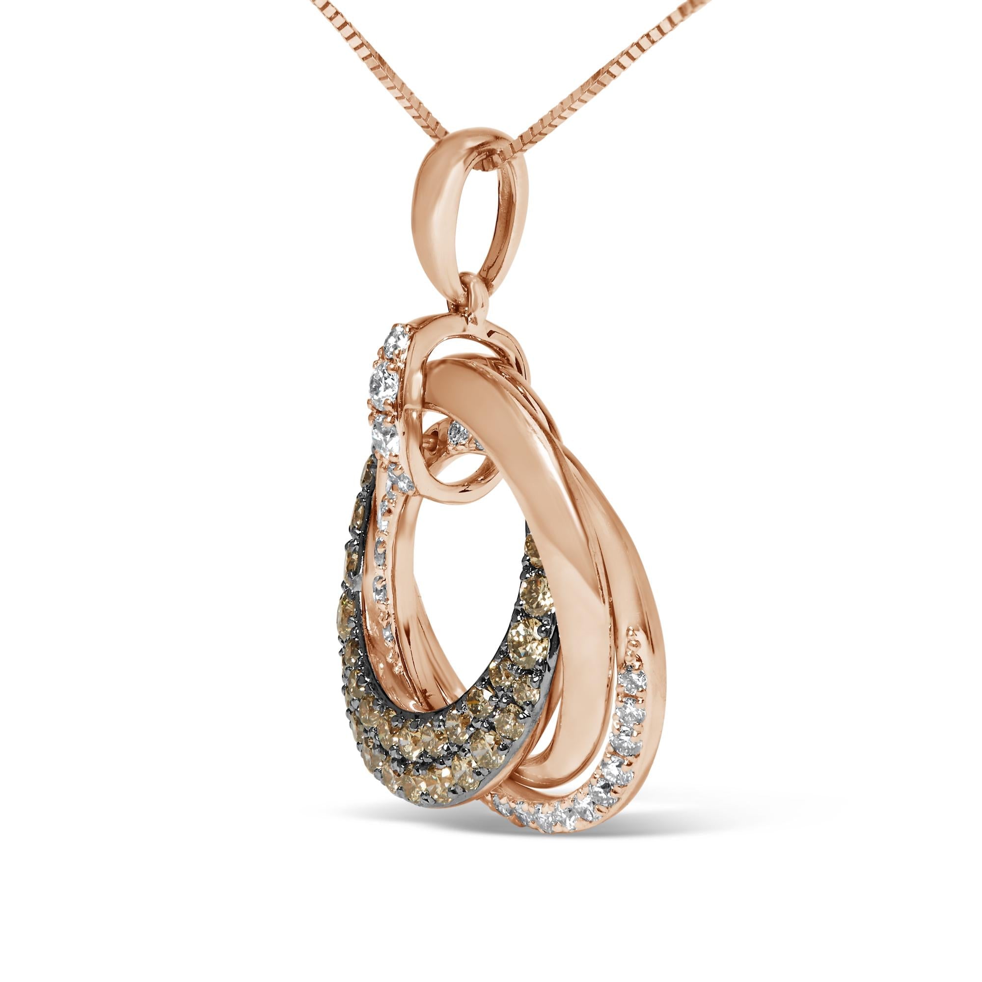 Collana con pendente a cerchio intrecciato in oro rosa 14 carati da 3/4 ct con diamanti marroni e bianchi, lunghezza 18 pollici (colore GH, purezza SI2-I1) - Friggin Jewelry