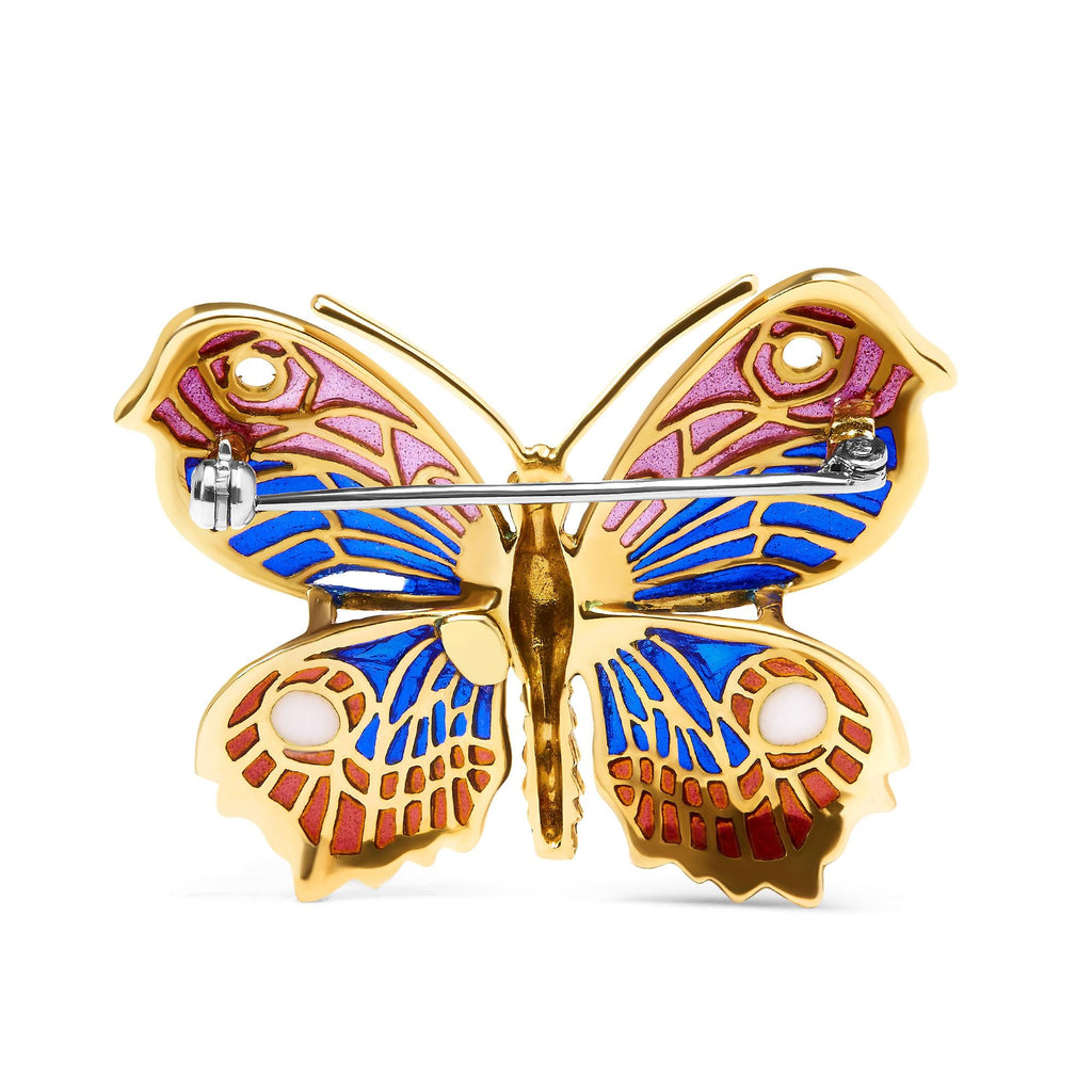 18K Yellow Gold Red, Blue, and White Enameled Butterfly Brooch Pin - Friggin Jewelry