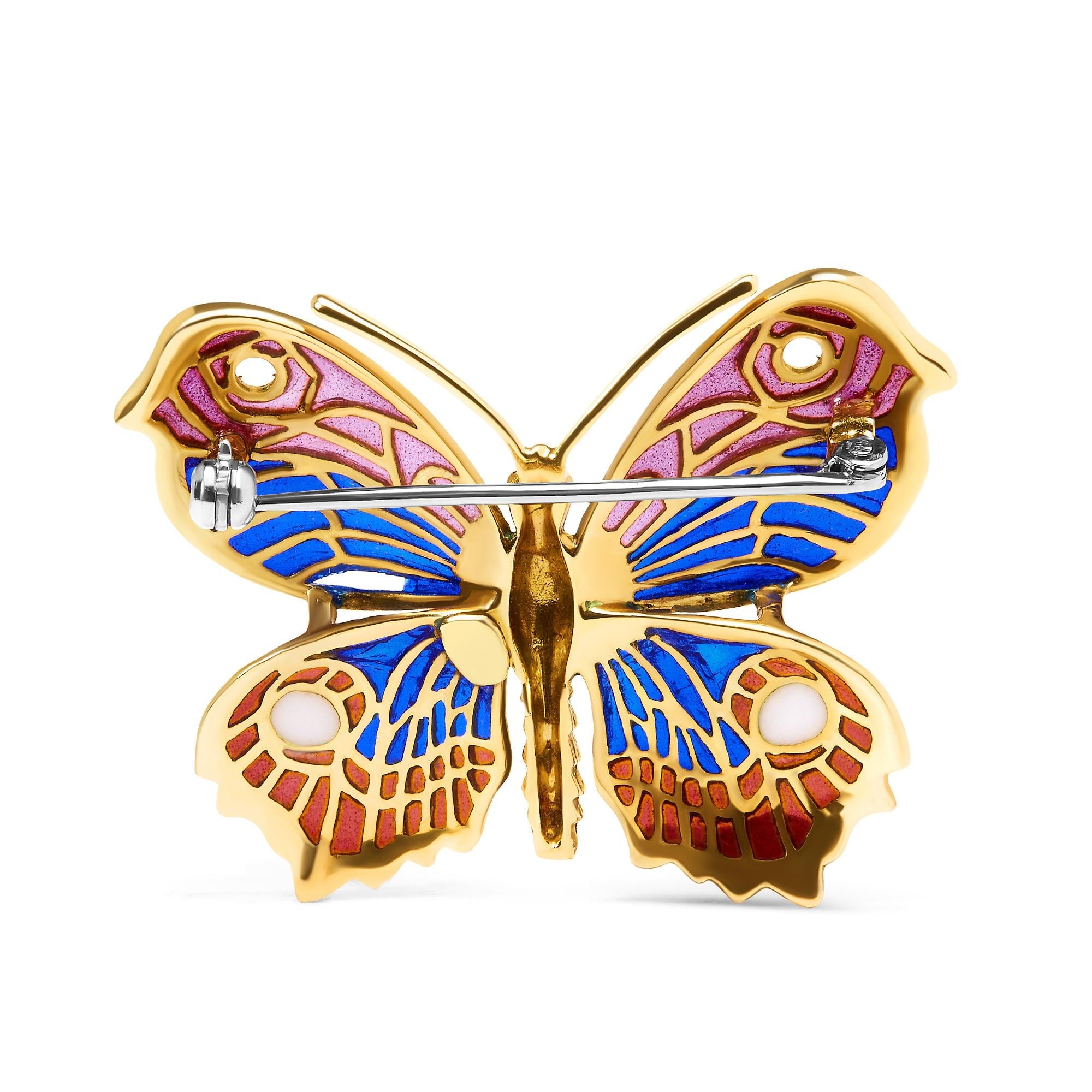 18K Yellow Gold Red, Blue, and White Enameled Butterfly Brooch Pin - Friggin Jewelry