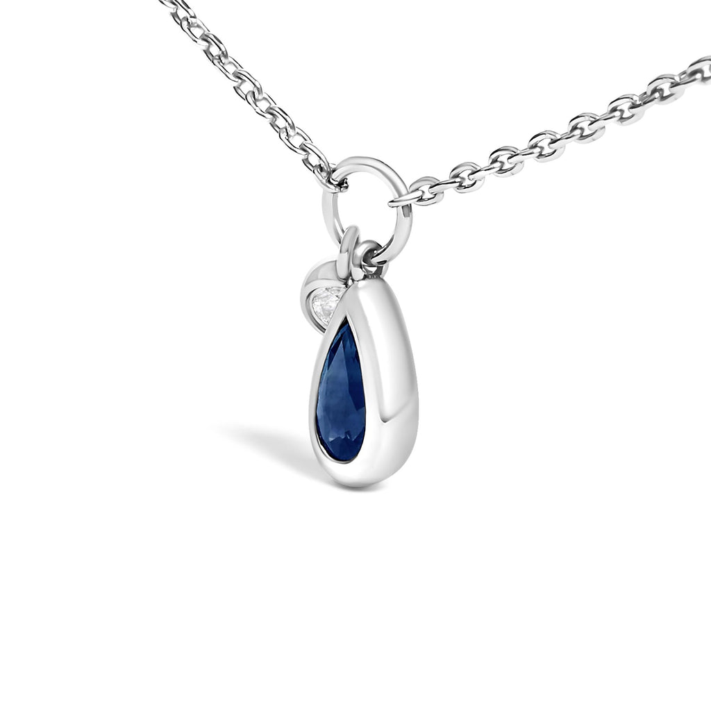 10K White Gold 6x4 mm Pear Blue Sapphire and Diamond  Accent Charm Pendant Necklace - 18" Inches - Friggin Jewelry