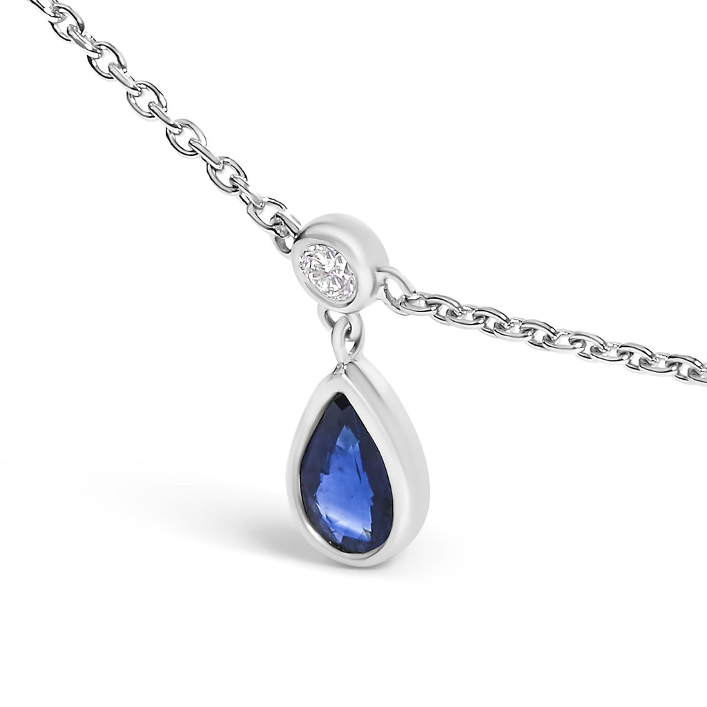 10K White Gold Dangling 5x3 mm Pear Blue Sapphire and Diamond Station Necklace - 18" Inches - Friggin Jewelry