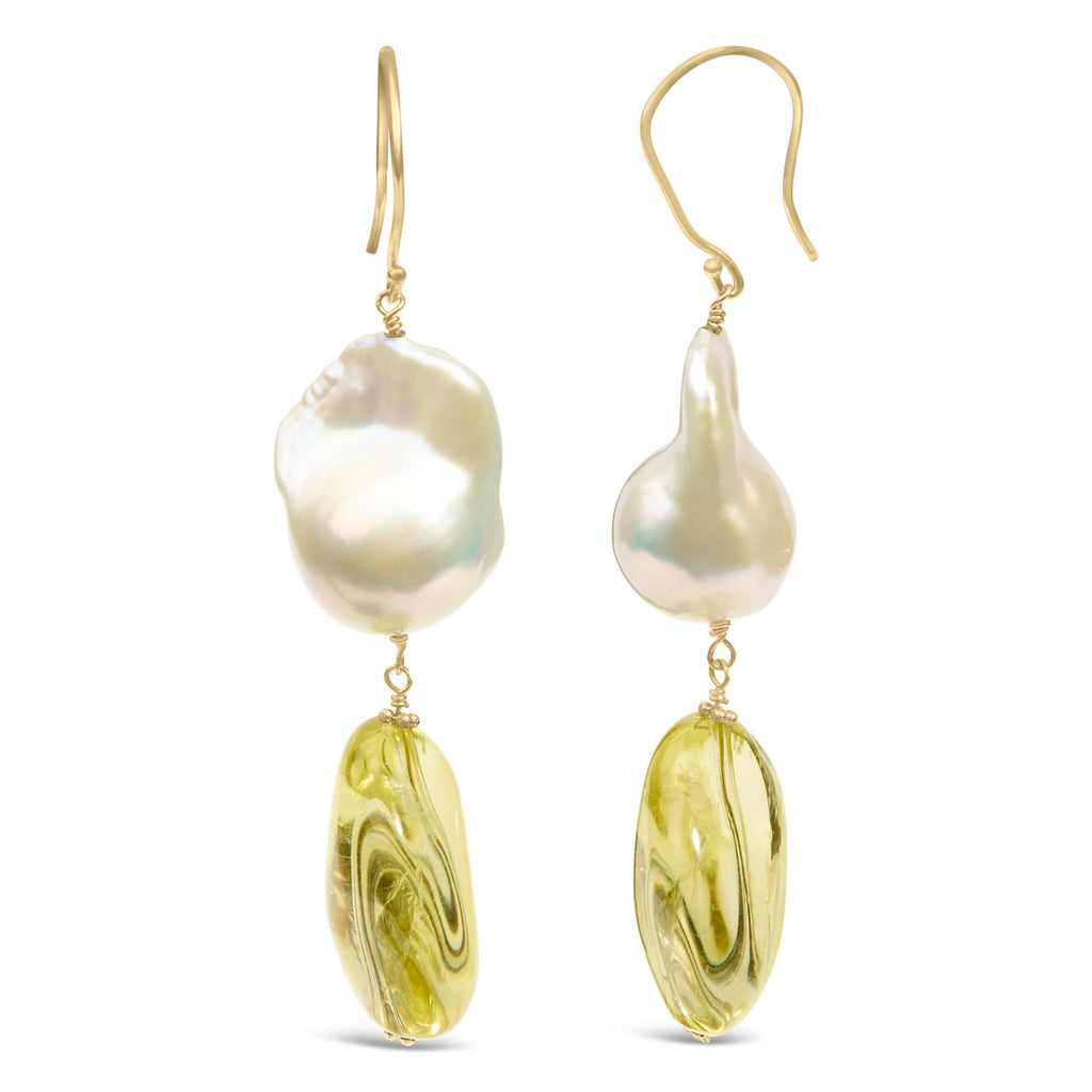 14K Yellow Gold Citrine and Baroque Pearl Drop and Dangle Earrings 1 3/4 Inch Dangle - Friggin Jewelry