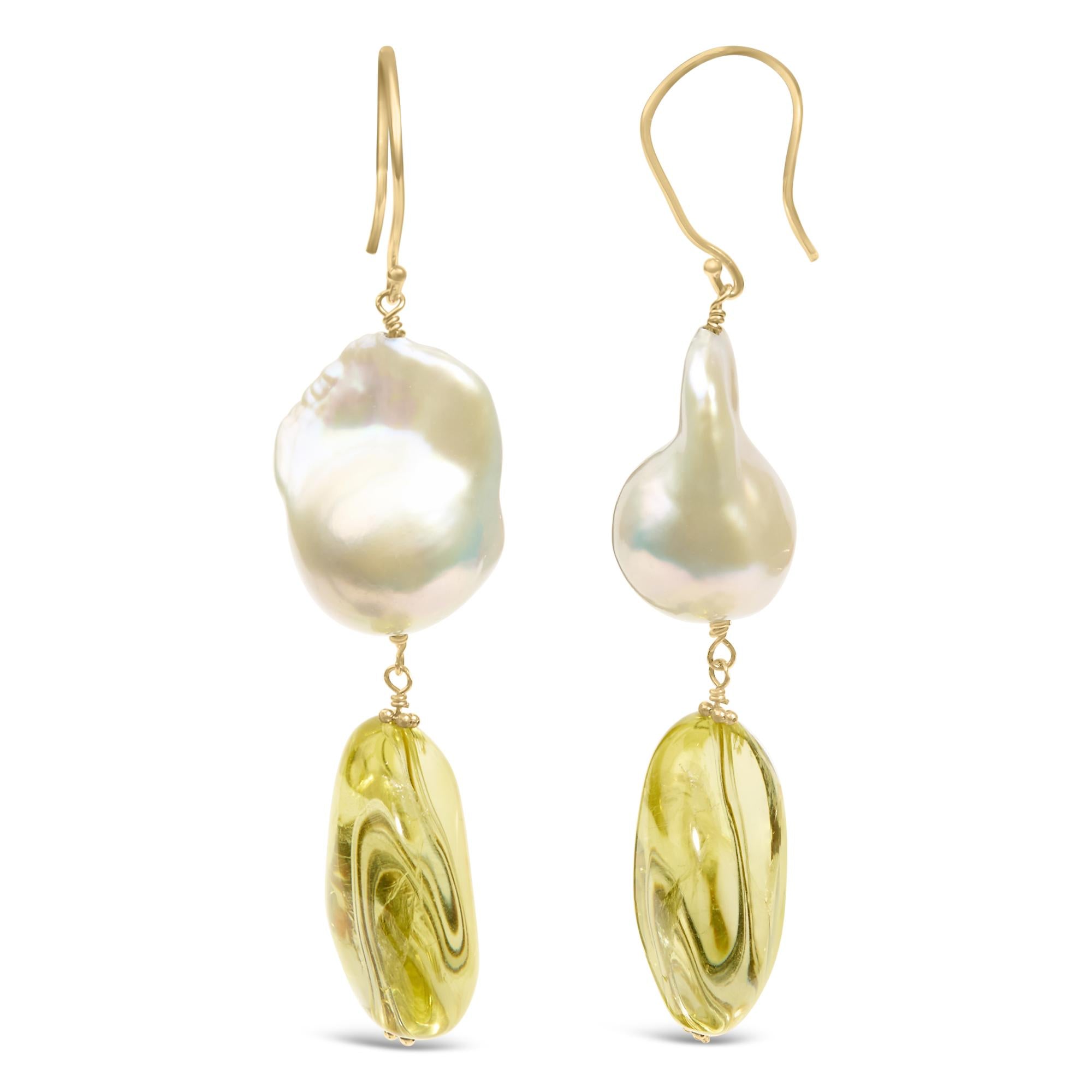 14K Yellow Gold Citrine and Baroque Pearl Drop and Dangle Earrings 1 3/4 Inch Dangle - Friggin Jewelry