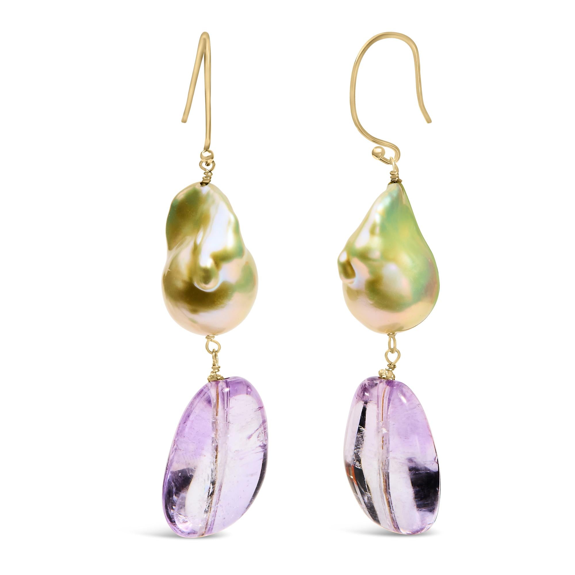 14K Yellow Gold Amethyst and Baroque Pearl Drop and Dangle Earrings 2" Inch Dangle Length - Friggin Jewelry