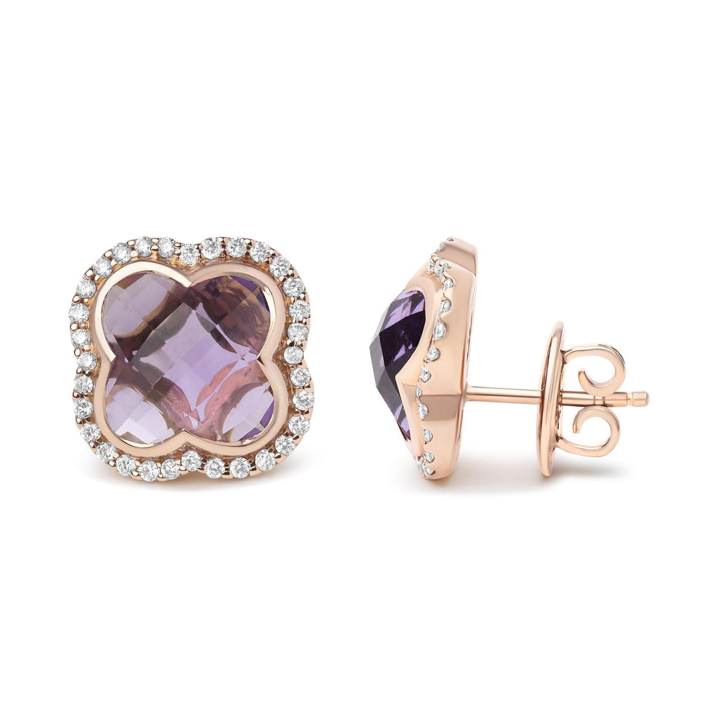 18K Rose Gold 3/8 Cttw Diamond and 11x11mm Clover-Cut Purple Amethyst Gemstone Clover Halo Stud Earrings (G-H Color, SI1-SI2 Clarity) - Friggin Jewelry