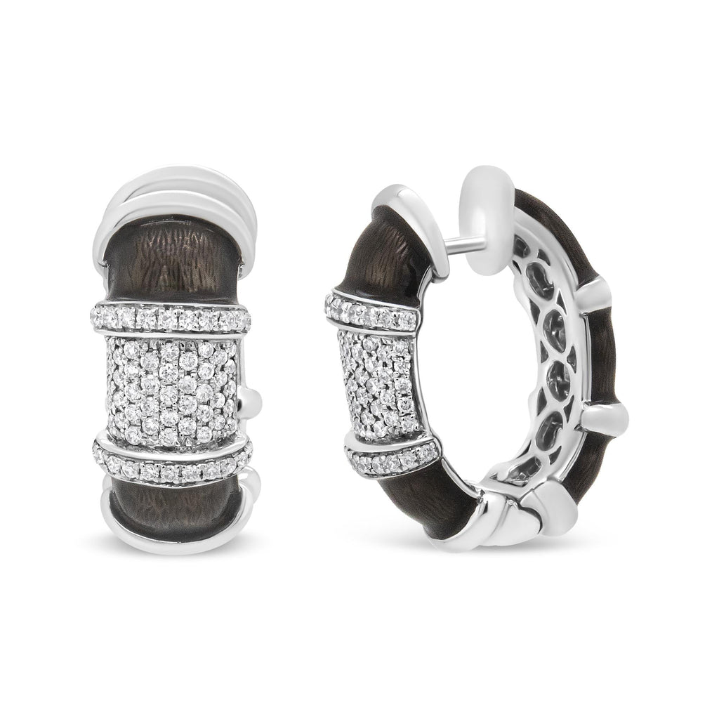 18K White Gold Flash Plated .925 Sterling Silver Clear Graphite Grey Enamel 5/8 Cttw Round Diamonds Huggie Hoop Earrings (F-G Color, VS1-VS2 Clarity) - Friggin Jewelry
