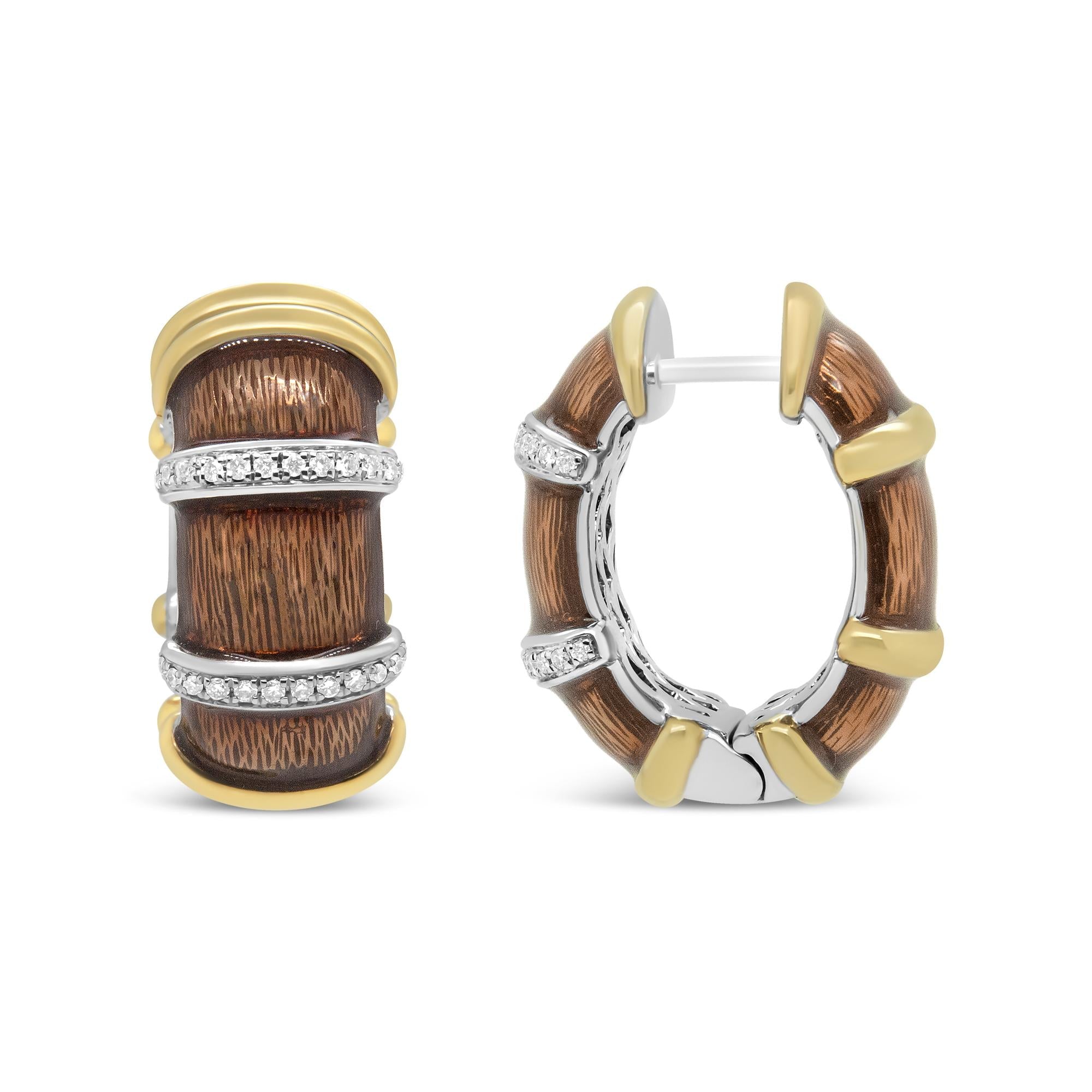 Orecchini a cerchio Huggie in argento sterling 925 placcato oro giallo e bianco 18 carati, smalto marrone trasparente, diamanti rotondi da 9/10 ct (colore FG, purezza VS1-VS2) - Friggin Jewelry