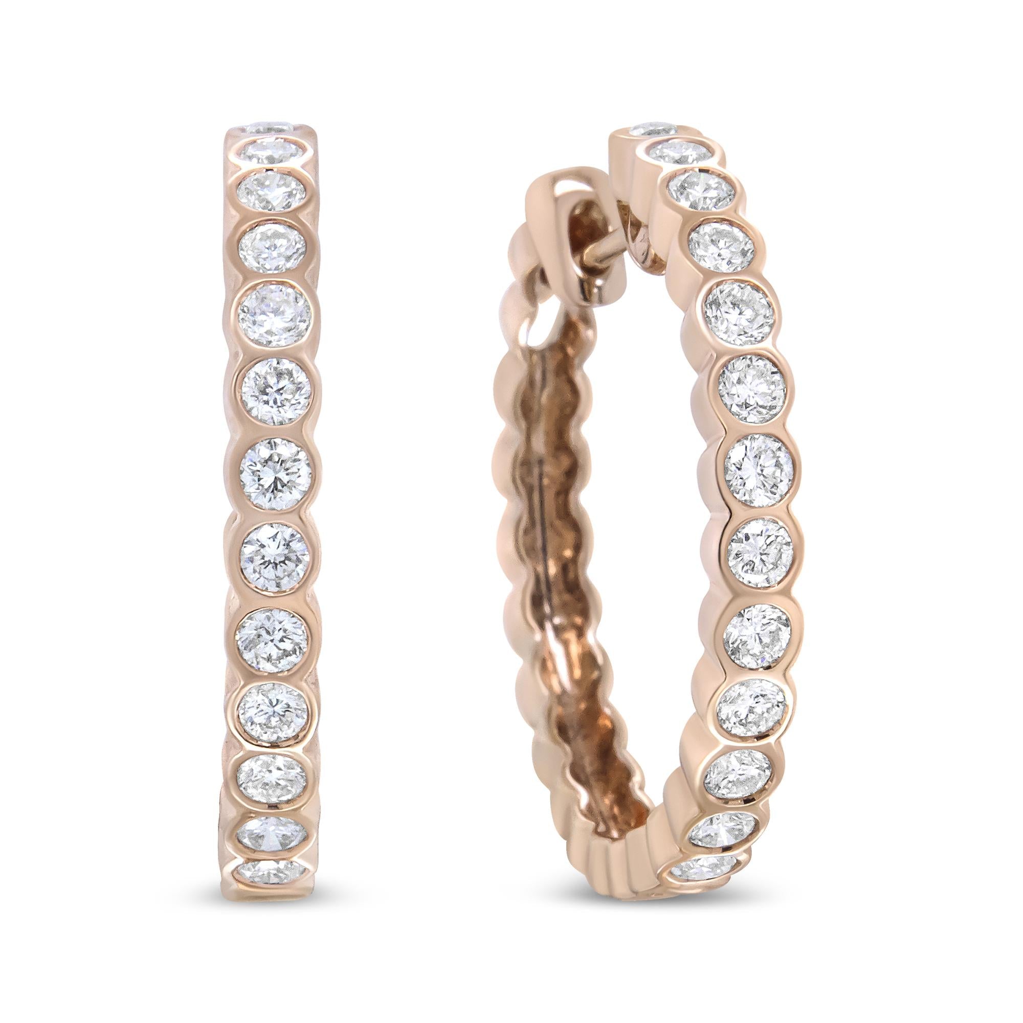 18K Rose Gold 1 Cttw Round Bezel-Set Diamond Hoop Earrings (F-G Color, VS1-VS2 Clarity) - Friggin Jewelry