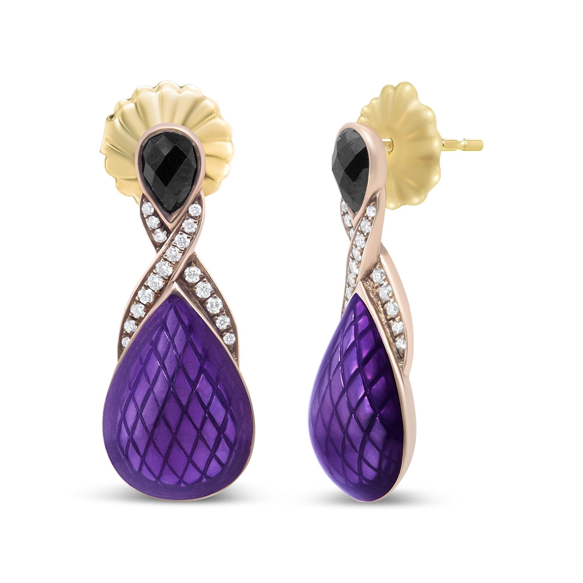 18K Rose Gold Flash Plated .925 Sterling Silver Purple Enamel 1/5 Cttw Round Pave-Set Diamond and 5.5 x 4mm Pear-Shaped Black Onyx Drop Earrings (F-G Color, VS1-VS2 Clarity) - Friggin Jewelry