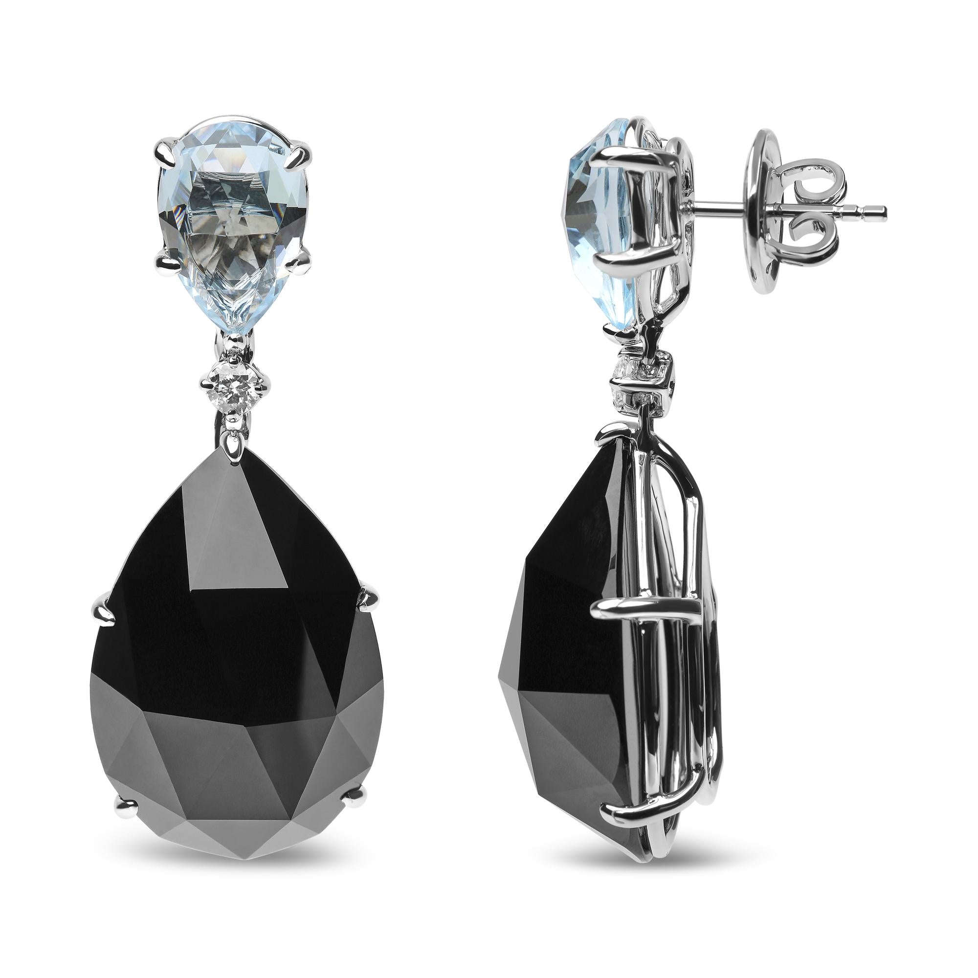 Orecchino pendente in oro bianco 18 carati con diamante da 1/5 ct, topazio azzurro cielo taglio a pera e onice nero taglio a pera (colore GH, purezza SI1-SI2) - Friggin Jewelry