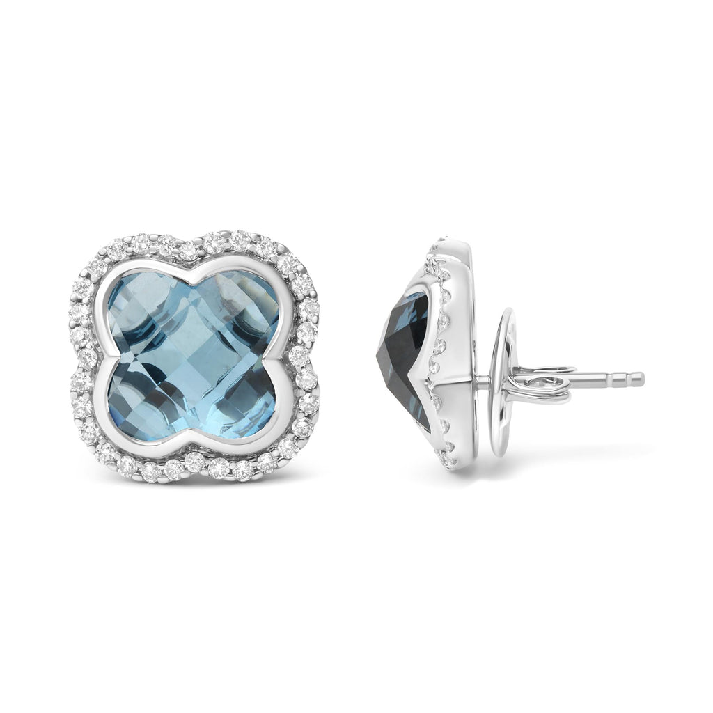 18K White Gold 3/8 Cttw Diamond and 11x11mm Clover-Cut London Blue Topaz Gemstone Halo Clover Stud Earrings (G-H Color, SI1-SI2 Clarity) - Friggin Jewelry Premium